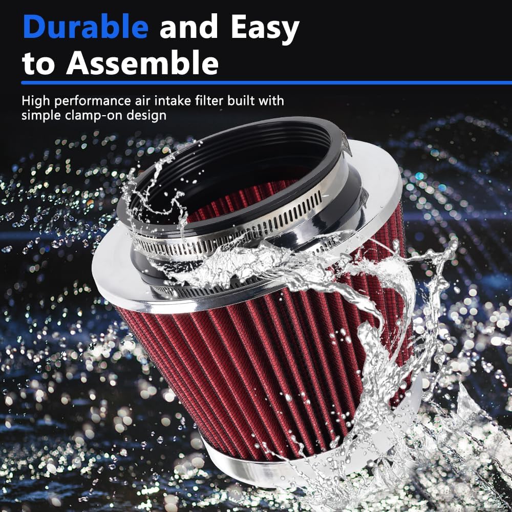 4-Inch Cold Air Intake Filter - Washable, High Performance, 3" or 3-1/2" or 4" Clamp-On Replacement Air Filter Red
