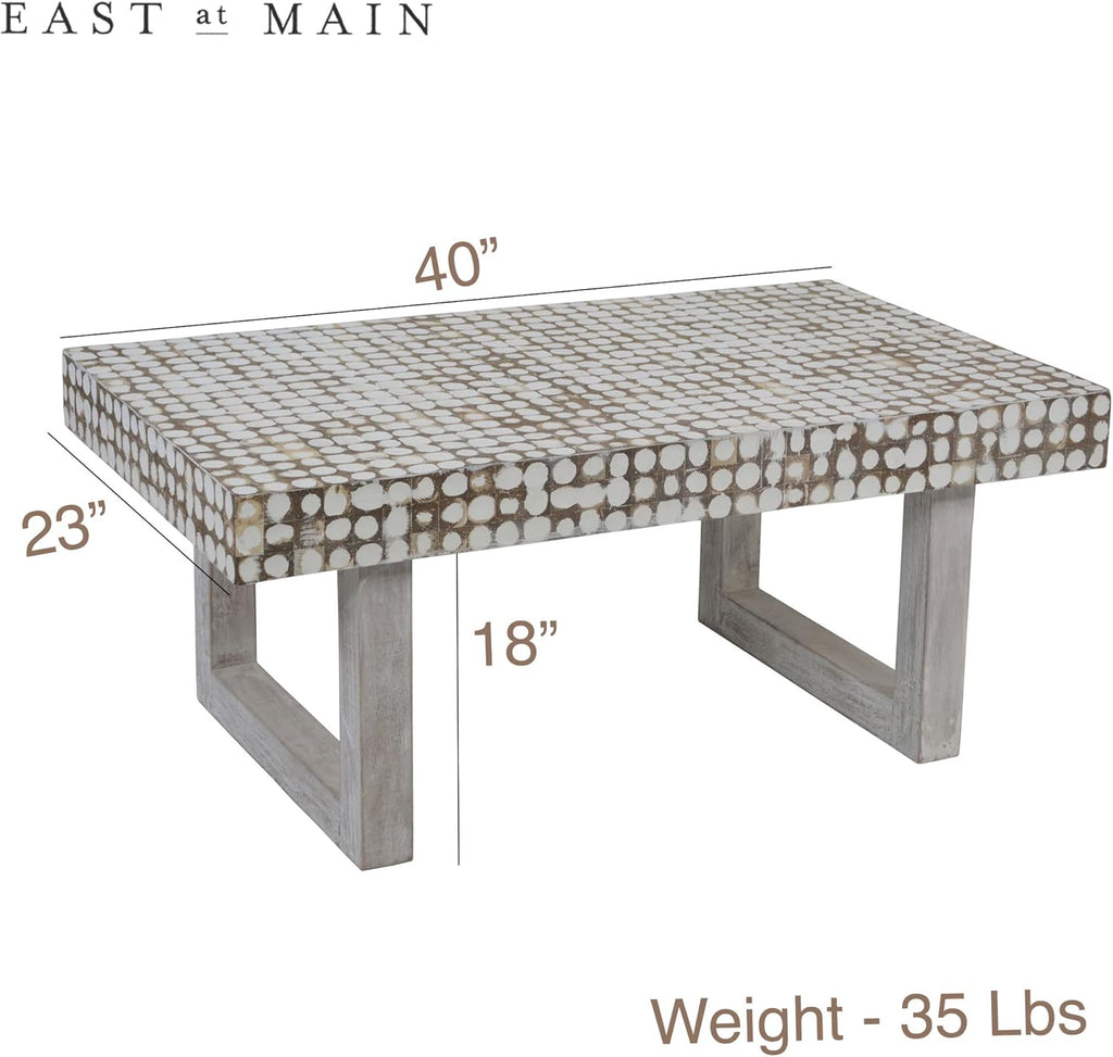 East at Main White Coffee Table – Handmade Accent Table with Coconut Shell Inlay, 40" Rectangular Wood Table for Living Room, Coastal Farmhouse or Boho Decor
