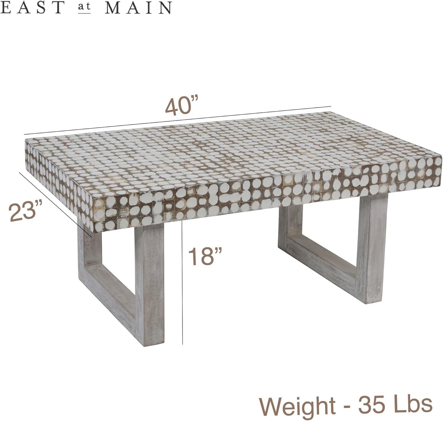 East at Main White Coffee Table – Handmade Accent Table with Coconut Shell Inlay, 40" Rectangular Wood Table for Living Room, Coastal Farmhouse or Boho Decor