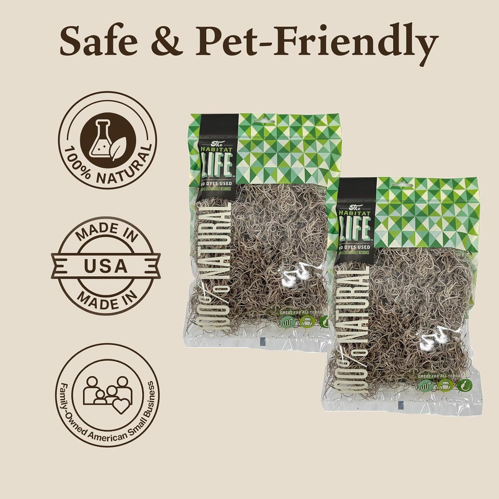 The Habitat Life - Natural Spanish Moss - for Reptiles, Amphibians & Invertebrates Terrariums - Humidity Control - Breathable Bedding - Dye-Free & Safe - Small - 2 Pack
