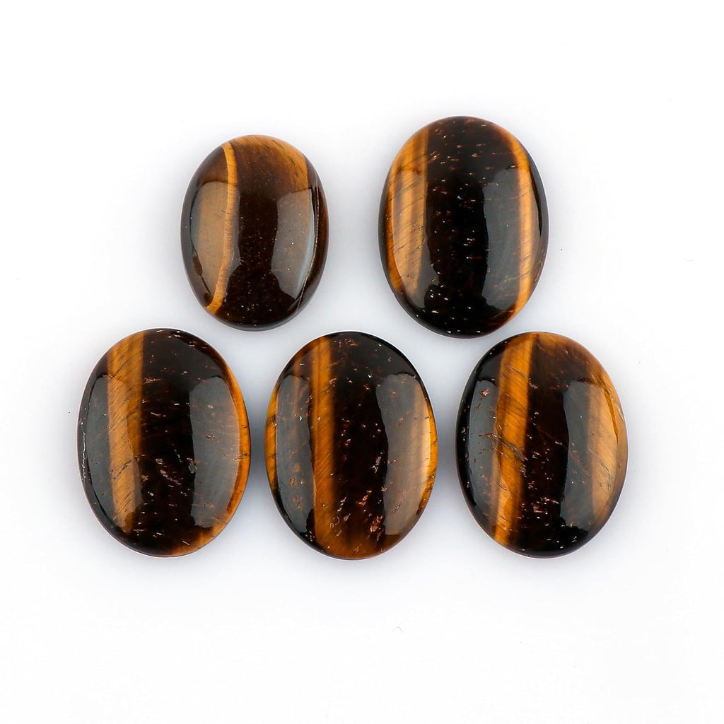 CRYSTALIS Wholesale 5pcs Natural Tiger-Eye Loose Gemstone Bulk Cabochons Jewelry Making Supply, Chakra Healing Polished Stones, Wire Wrapping, DIY, Gem Collection, Oval-Shape