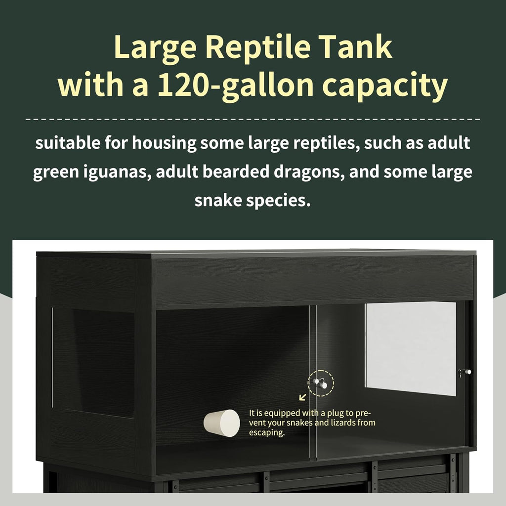 120 Gallon Reptile Terrarium with Stand, 4x2x2 Bearded Dragon Enclosure for Snakes Lizards, Large Vivarium Tank with Storage Cabinet, Acrylic Doors, Mesh Lid, Power Outlet Black PX04RTBB