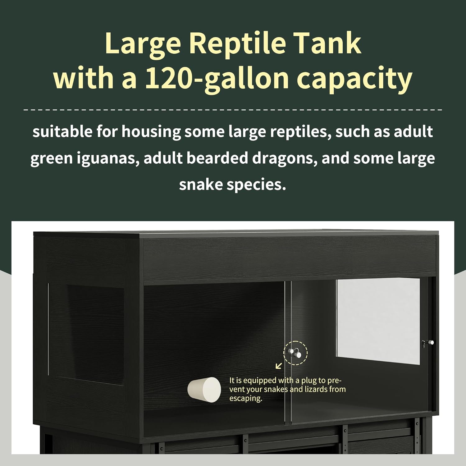 120 Gallon Reptile Terrarium with Stand, 4x2x2 Bearded Dragon Enclosure for Snakes Lizards, Large Vivarium Tank with Storage Cabinet, Acrylic Doors, Mesh Lid, Power Outlet Black PX04RTBB