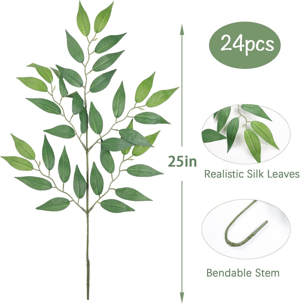 mizii 24pcs Italian Ruscus Artificial Greenery Stems Silk Green Leaves 20in Fake Spray Plants Stem Garland Greenery Decoration for Centerpieces Wedding Arch Flower Bouquet Table Room Wall Decor (24)
