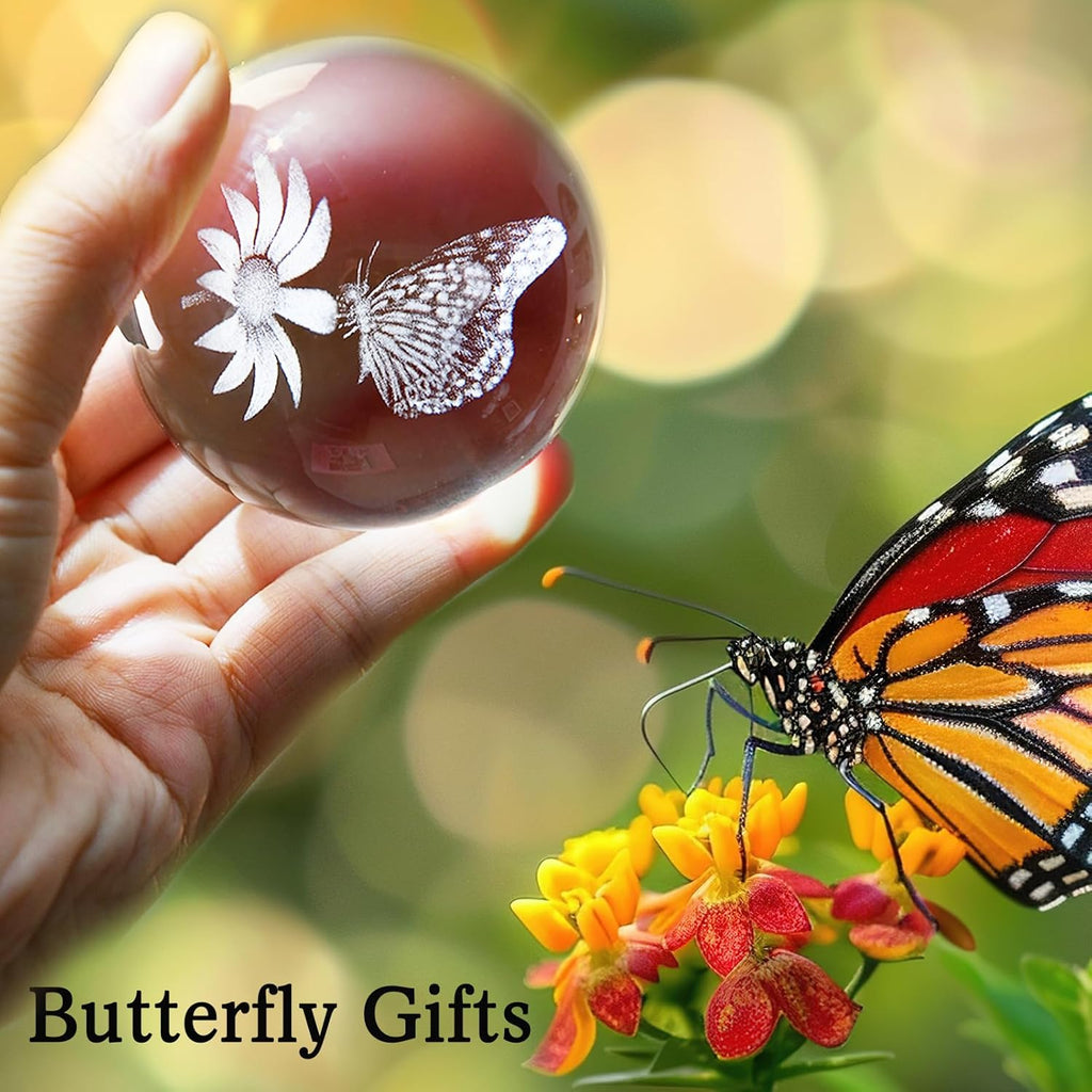 IFOLAINA 3D Butterfly Crystal Ball 60mm Gifts Ideas for Girlfriend Wife Mom Couple Her Christmas Butterfly on Sunflower in Glass Ball with Multicolor Lighting Base