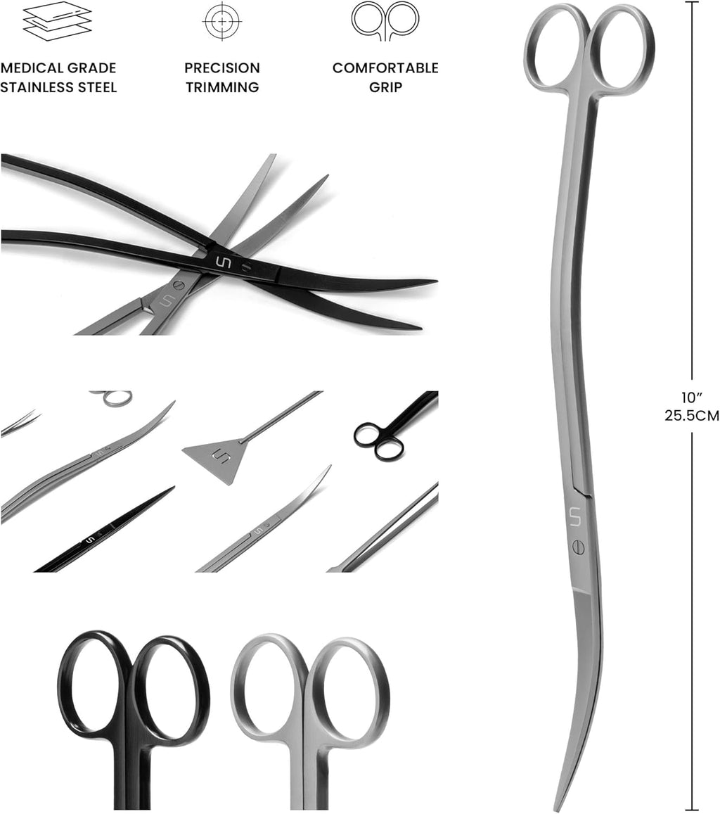 UNS Aquascaping Tools - Stainless Steel, Rust Resistant, Freshwater Planted Tank, Saltwater Reef Aquarium Maintenance Accessory - Trimming Stems & Carpets, Coral Cutting - Wave Scissors, Grey