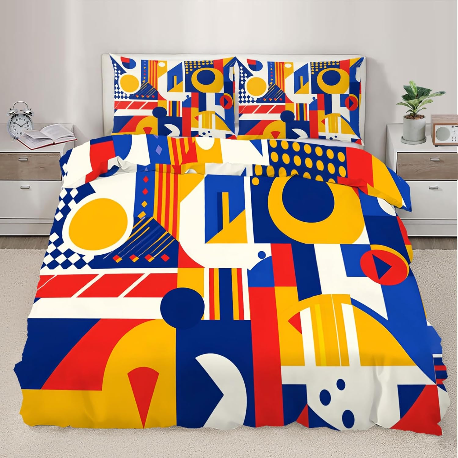 Geometry Duvet Cover Twin Size, Modern Abstract Bedding Set 2 Piece Kids and Adults Vibrant Multicolored Comforter Cover with Zipper Ties & 1 Pillowcases