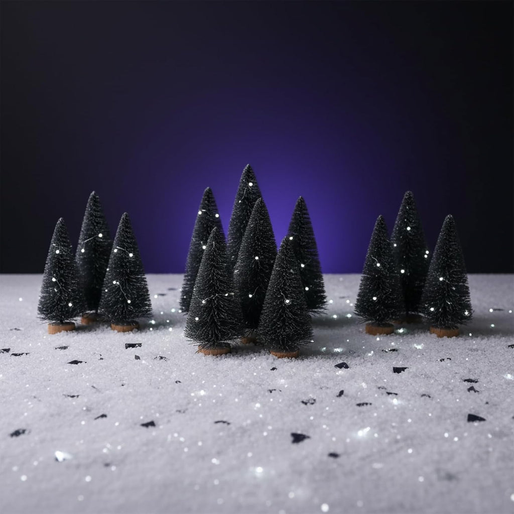 LUOZZY 12pcs Artificial Pine Trees Model Halloween Village Accessories Fake Mini Black Plant Trees Halloween Haunted House Decoration, 4.5CM+6.5CM+8.5CM