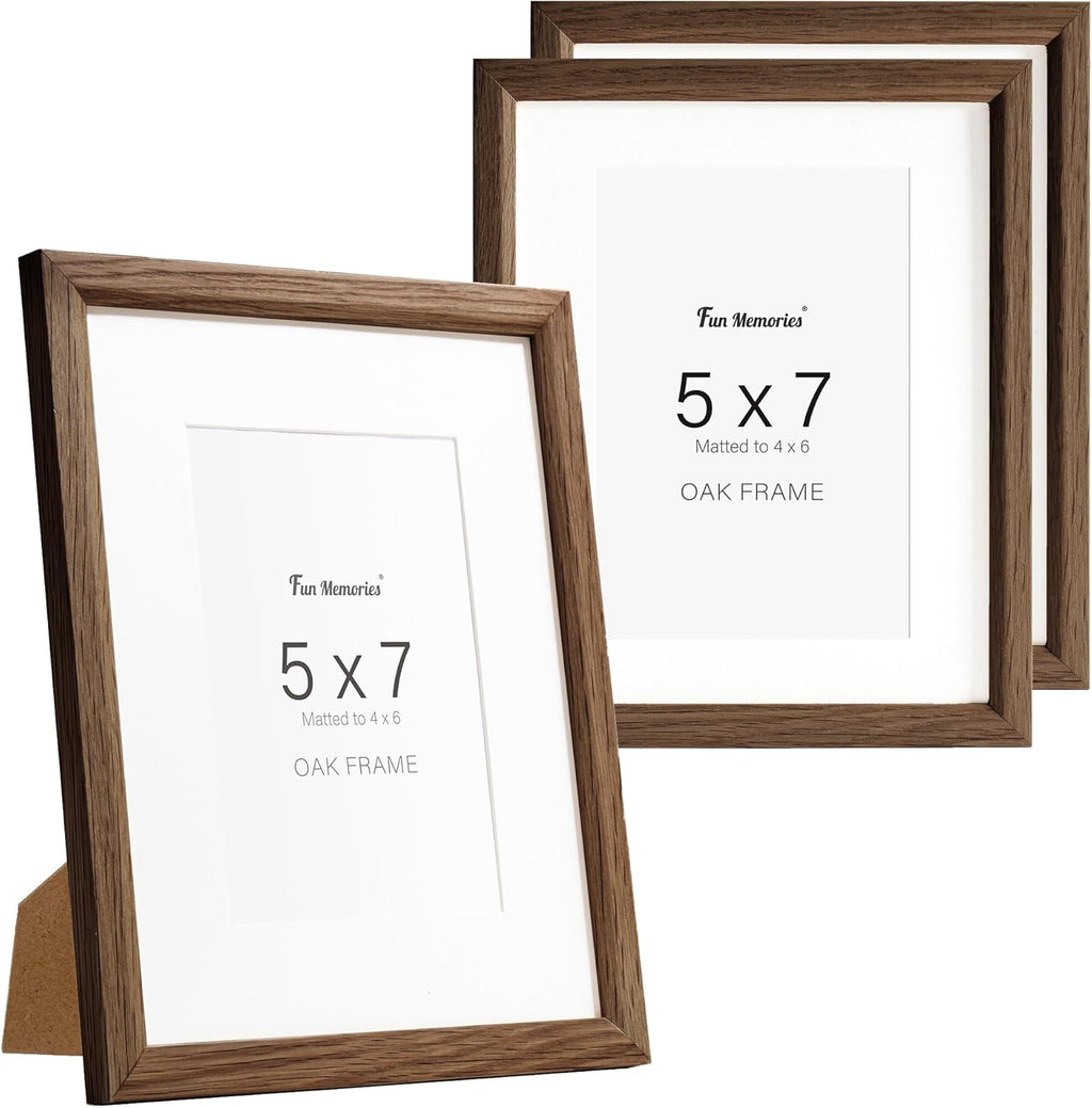 Fun Memories 5x7 Oak Picture Frame for Wall, 5x7 Frame with Matted to 4x6, Solid Wood Picture Frames for Wall Art Photo and Prints (Walnut, 3 Pack)
