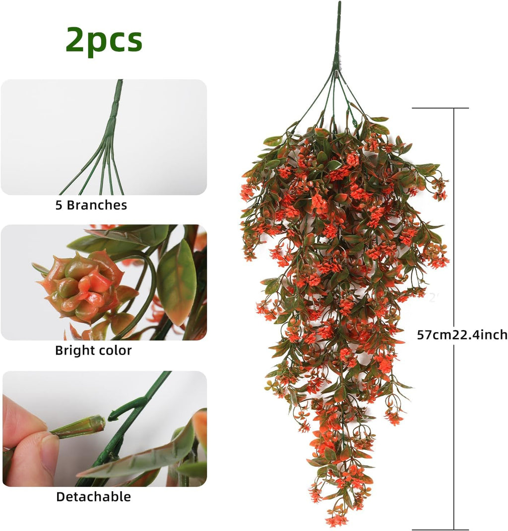 RECUTMS 2Pcs Fake Fall Plastic Outdoor Flowers Artificial Fall Hanging Plants Faux Greenery Vine Plant for Indoor Room Front Door Garden Porch Patio Wedding Party Decorations (Autumn Red)