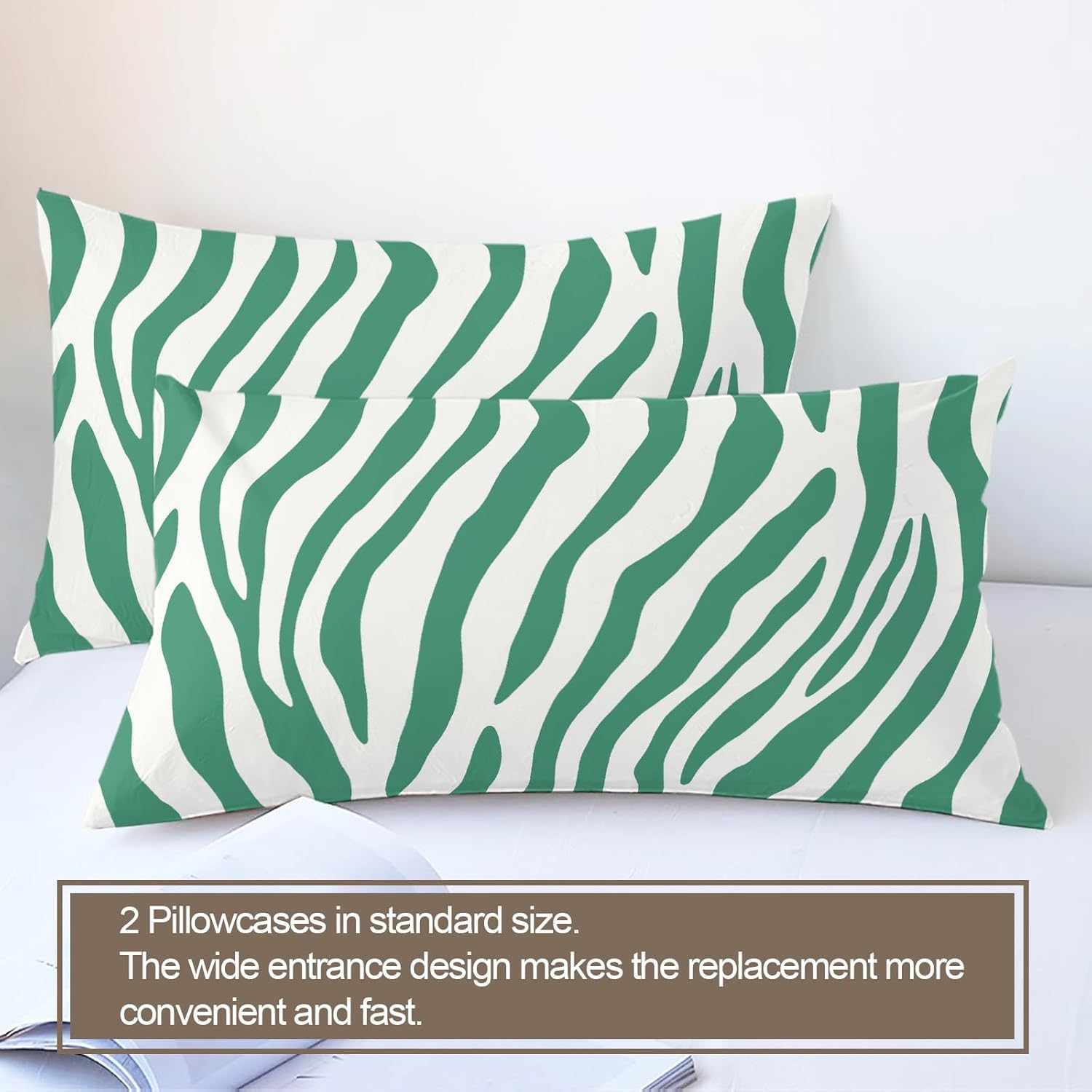 Mint Green Zebra Duvet Cover California King, Waterproof Lines Bedding Set 3 Piece Bedroom Decor Zebra Stripe Comforter Cover and 2 Pillow Sham with Zipper Closure
