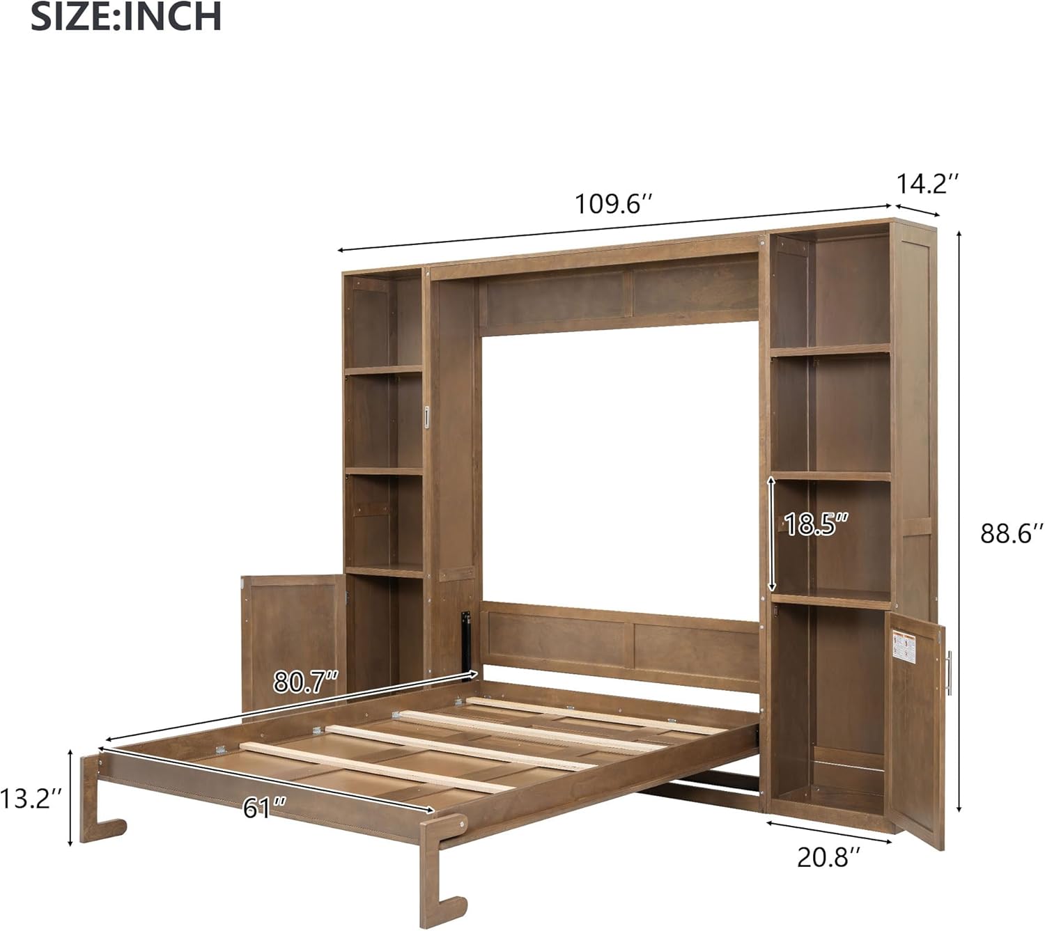 MERITLINE Queen Farmhouse Murphy Bed with Storage Bookcase Shelves and Cabinets, Solid Wood Foldable Hidden Vertical Murphy Wall Bed with Storage for Adults