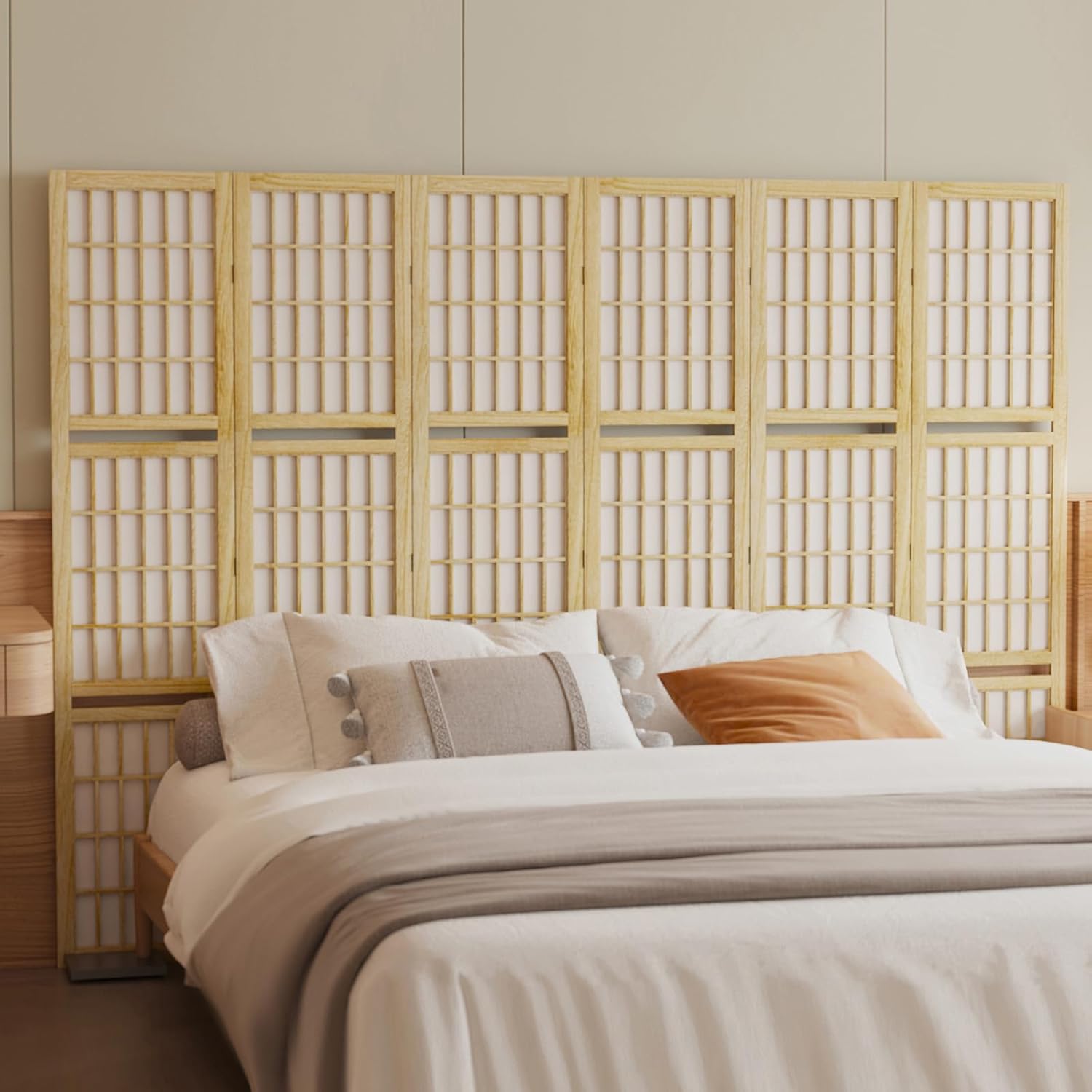 Room Divider with Shelves, 66.9-Inch Tall Japanese Shoji Style Wood Screen with Double Hinges for Home Office Bedroom Hotel Decoration (6 Panels, Natural)