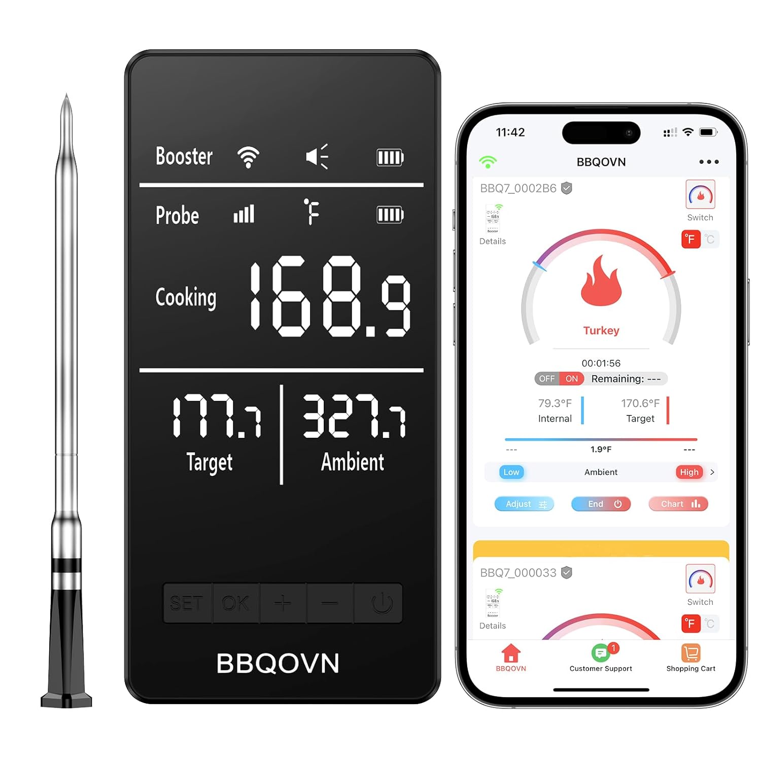 Smart WiFi Wireless Meat Thermometer Unlimited Range 7 NIST Cert.Sensors Accuracy ±0.5°F Sub-1G (10X Stronger than Bluetooth)APP&Digital Base,Monitor for BBQ, Grill,Oven, Smoker(1, Black,Small)