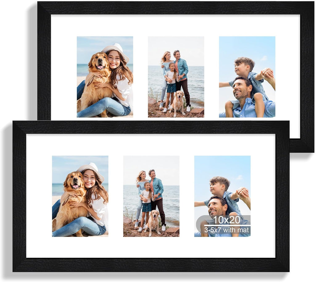 10x20 Picture Frame Set of 2, Rustic Black Wood Frame with Real Glass Collage Frame, Display Pictures Three 5x7 With Mat or 10 x 20 Without Mat - Horizontal or Vertical Wall Mounting
