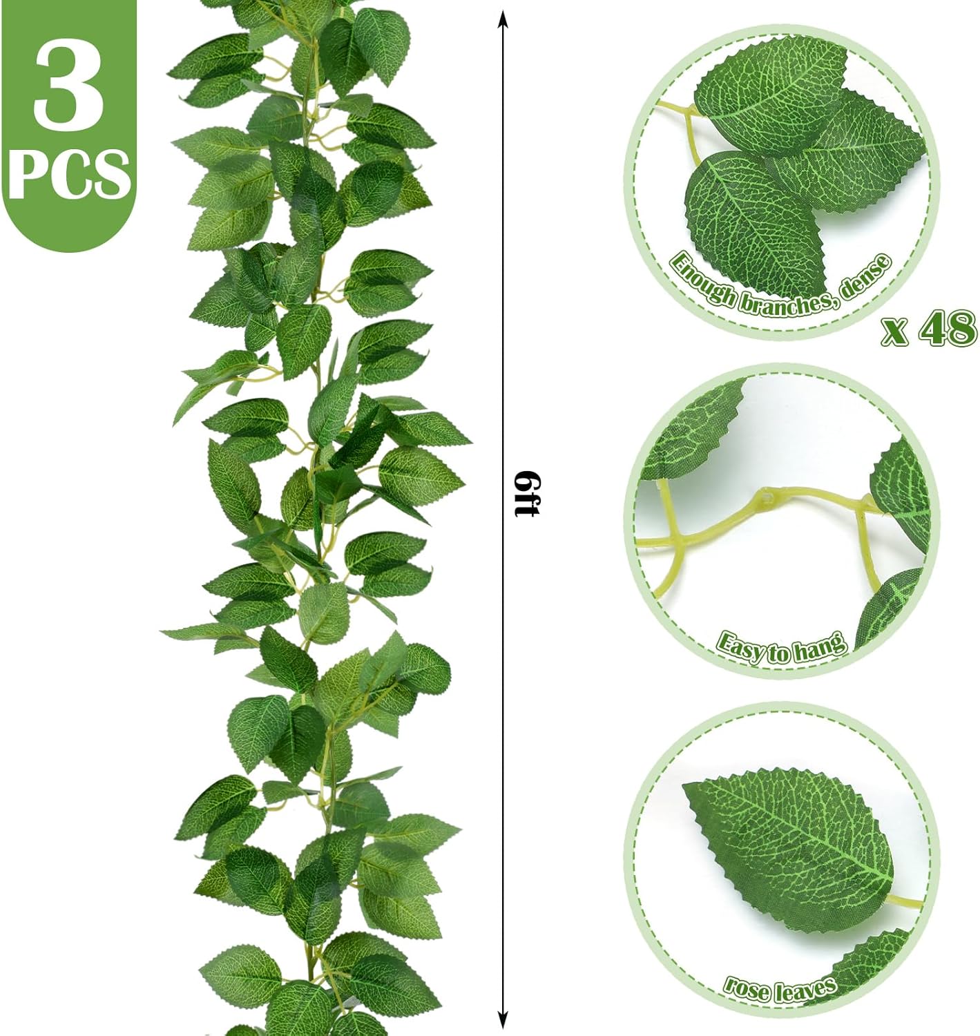 Giegxin 3 Pcs 6ft Green Artificial Silk Rose Leaf Table Garland, Hanging Greenery Vine Fake Greenery Hanging Plants Leaf Garland Decoration for Home Bedroom Wall Party Wedding Decor