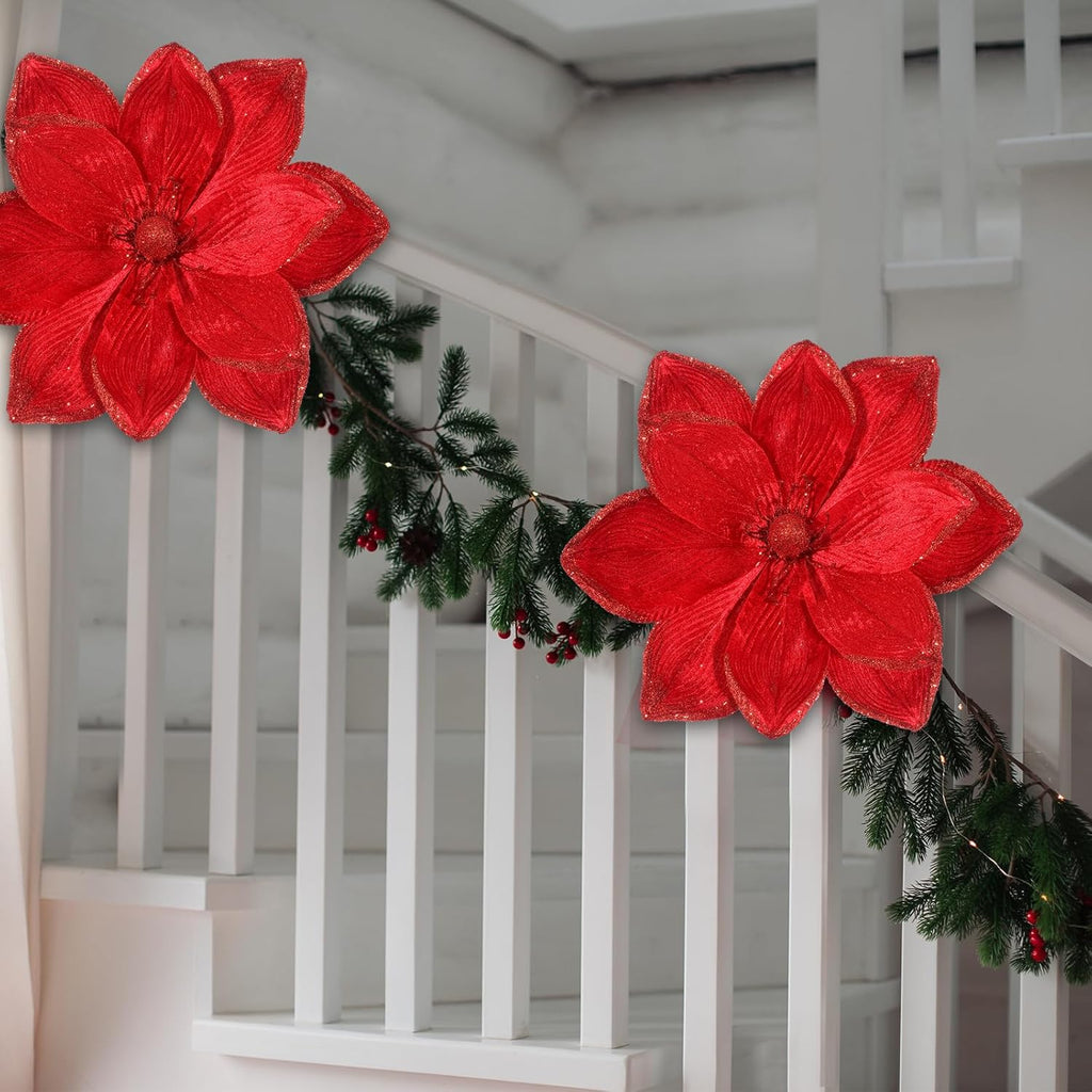8 Pcs Large Christmas Flower Magnolia Flowers Christmas Tree Decoration Artificial Poinsettia Stems Velvet Xmas Ornaments for Xmas Tree Table Decor (Burgundy,16 Inch)