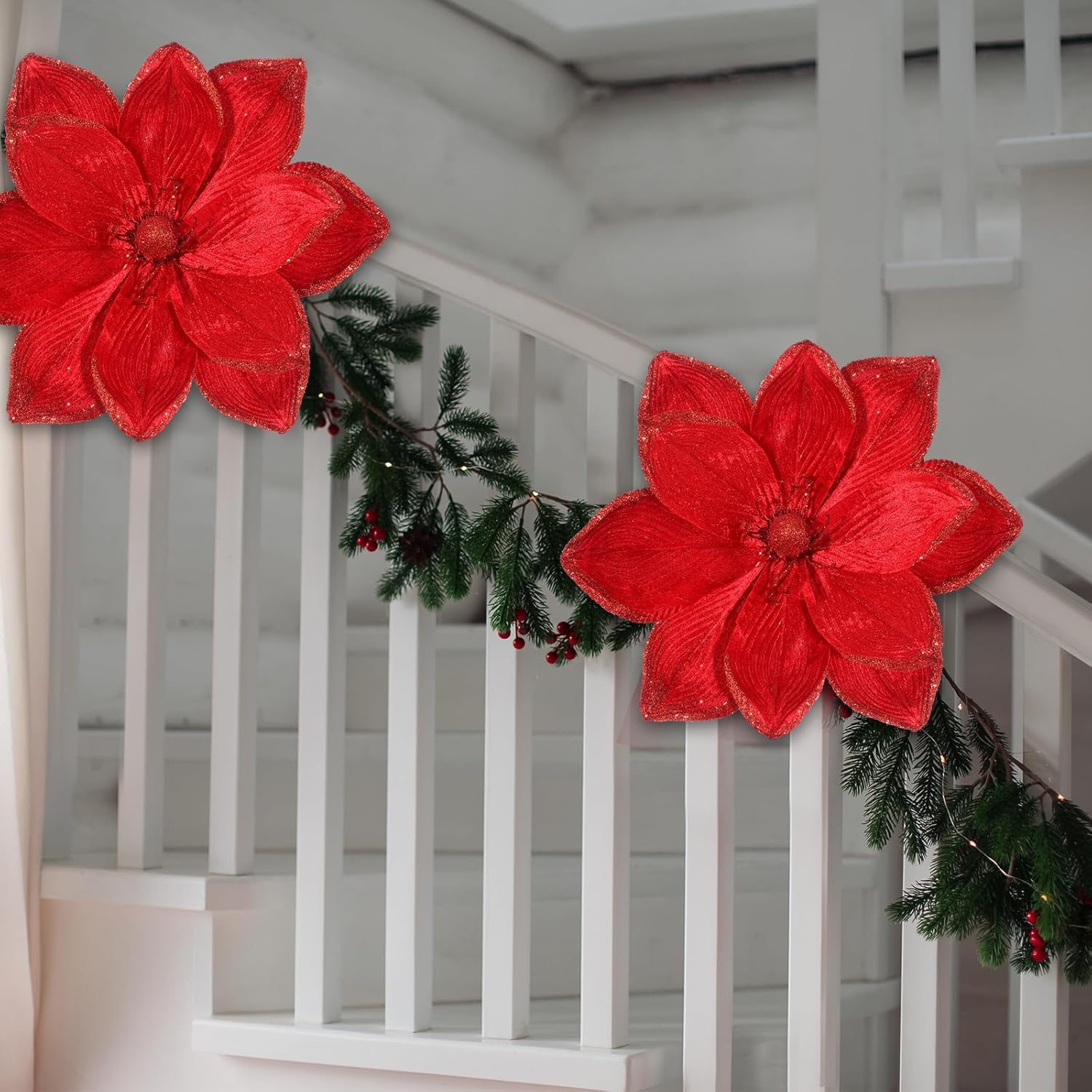 8 Pcs Large Christmas Flower Magnolia Flowers Christmas Tree Decoration Artificial Poinsettia Stems Velvet Xmas Ornaments for Xmas Tree Table Decor (Burgundy,16 Inch)