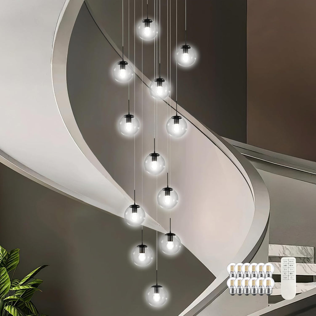 KoKo&Yukina 12-Light Black Mid Century Modern Chandelier for Living Room Staircase Chandelier for Entryway Clear Globe Glass Chandelier High Ceiling Chandeliers Foyer Entryway (Bulb & Remote Incl.)