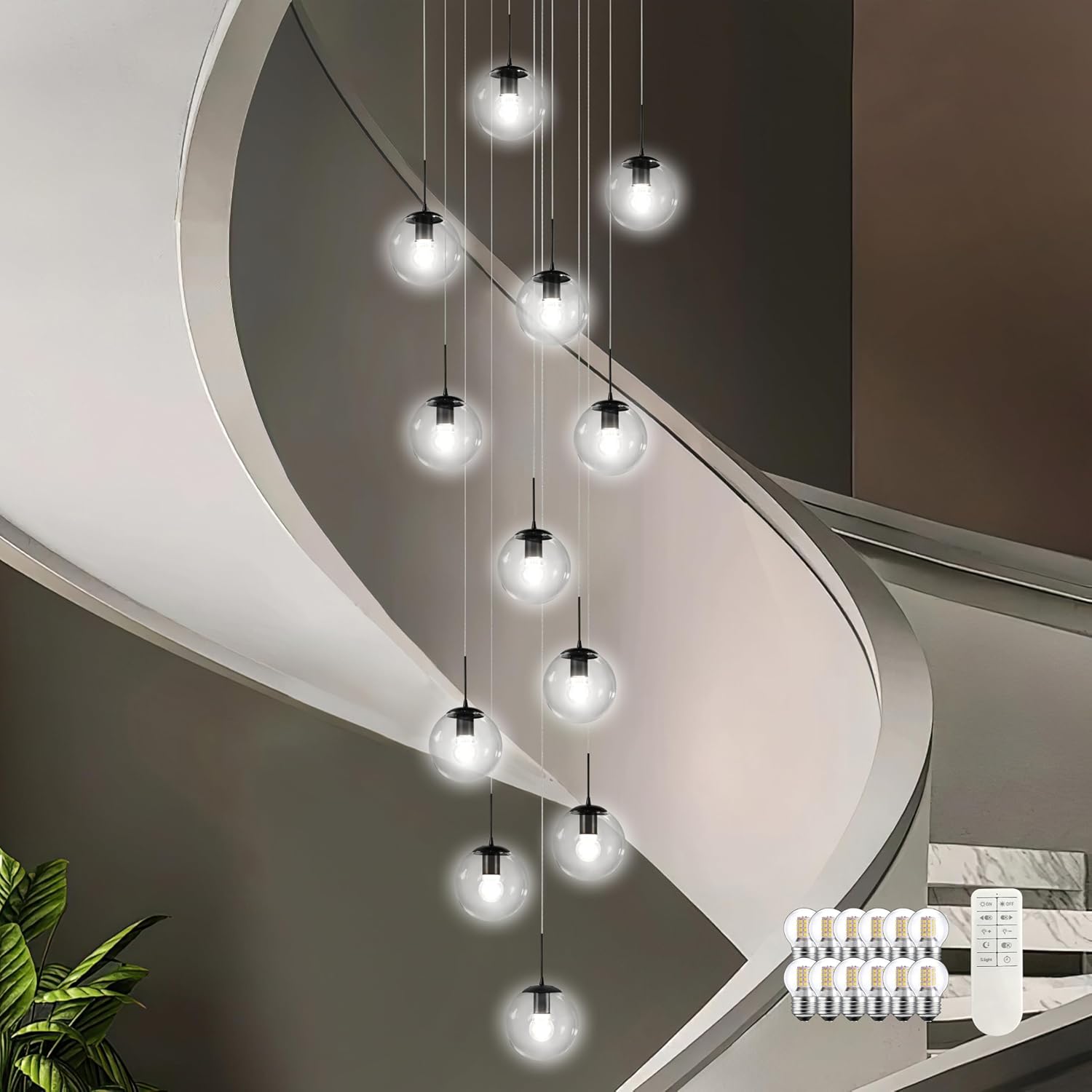KoKo&Yukina 12-Light Black Mid Century Modern Chandelier for Living Room Staircase Chandelier for Entryway Clear Globe Glass Chandelier High Ceiling Chandeliers Foyer Entryway (Bulb & Remote Incl.)