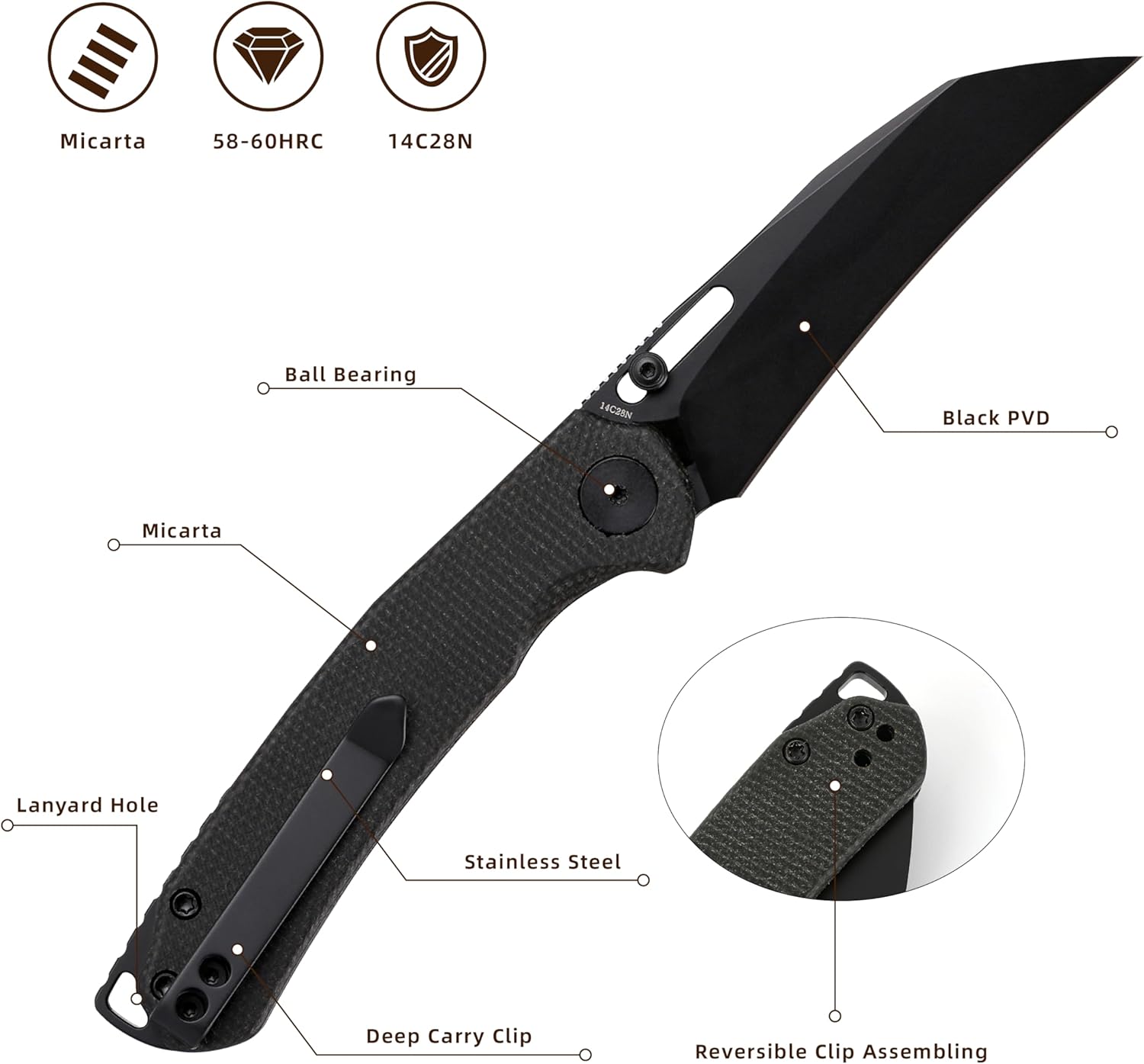 Folding Pocket Knife, 3.1" Stonewash Blade EDC Knife with Safety Liner Lock, Small Pocket Knife with Clip for Men, Sharp Camping Hiking Hunting Survival Knives