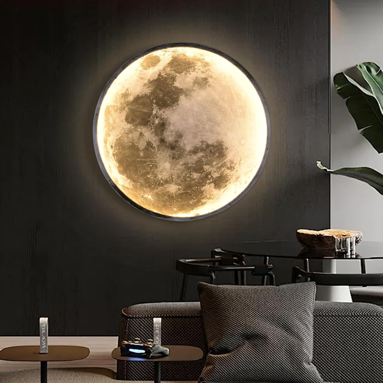 QIYIMEILUX Large Moon Wall Sconce Plug in Modern LED Dimmable Wall Light with Remote Control 23.6 inch 31W Black Wall Lamp Indoor Wall Mounted Lighting Ceiling Light for Living Room Bedroom