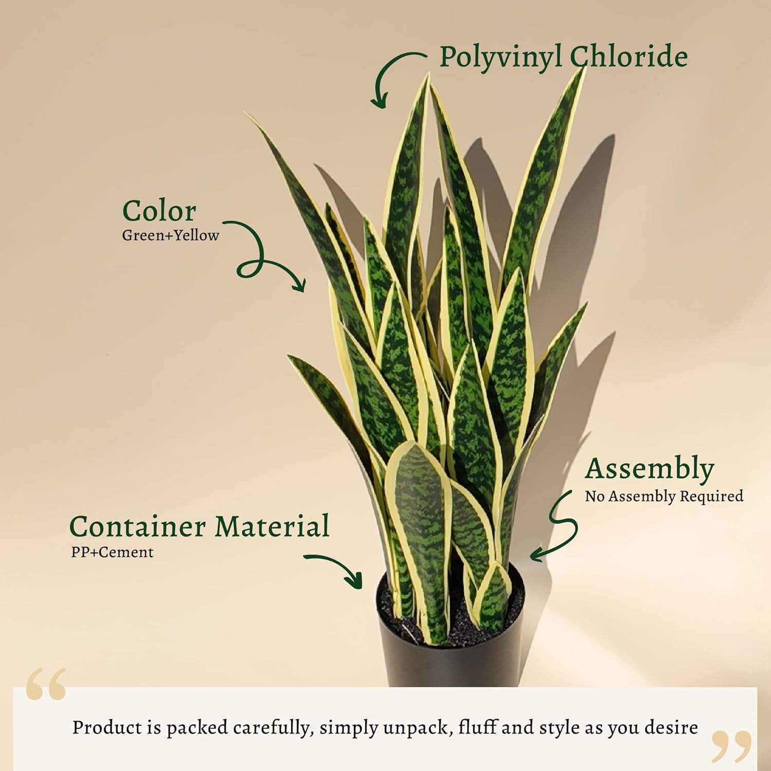 KOL 2ft Artificial Snake Plant, 32 Lifelike Faux PVC Leaves, Indoor Home Garden Decor, Fake Sansevieria Potted Plants, Mother-in-Law Tongue, 25.6in Floor Greenery in Black Pot