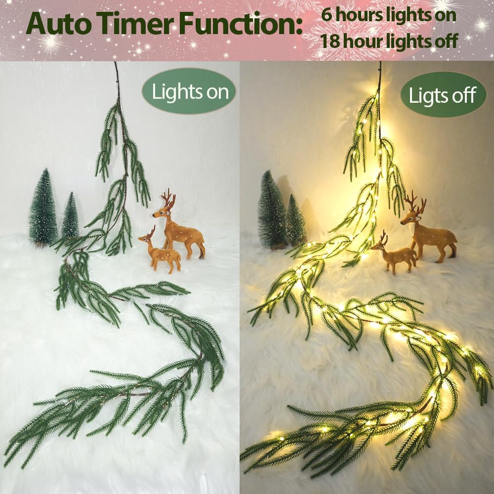 2025 New Christmas Norfolk Garland Lights 6.56FT Pine Garlands 96 LED 8 Flash Modes Battery Operated Xmas Garland Lights with Timer Lighted Christmas Decorations for Mantle Fireplace Door Home Holiday