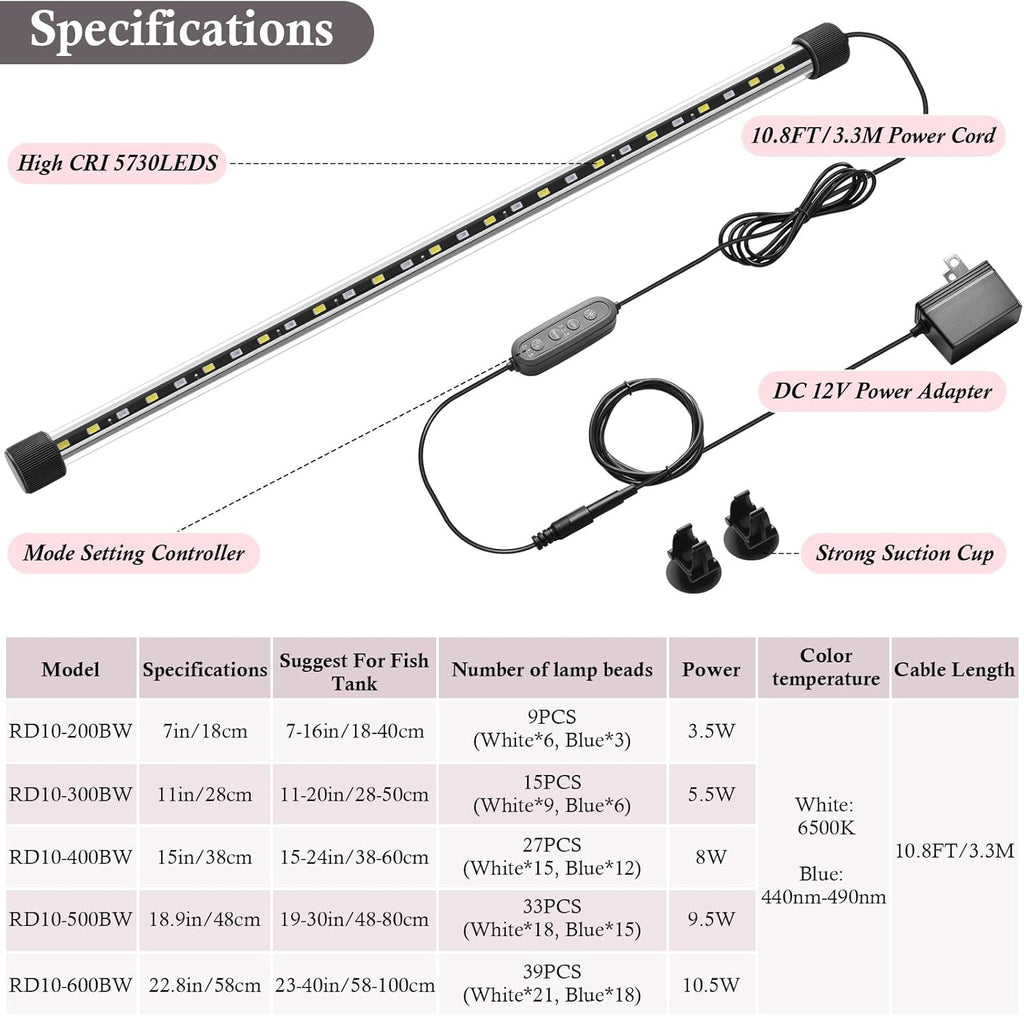 Dirvin 15inches 24/7 Mode Submersible Aquarium LED Light, 27 LED Beads 3 Colors Fish Tank Light with Timer Brightness Adjustable, Sunrise-Daylight-Moonlight Simulation for 15"-24" Fish Tank, 8W