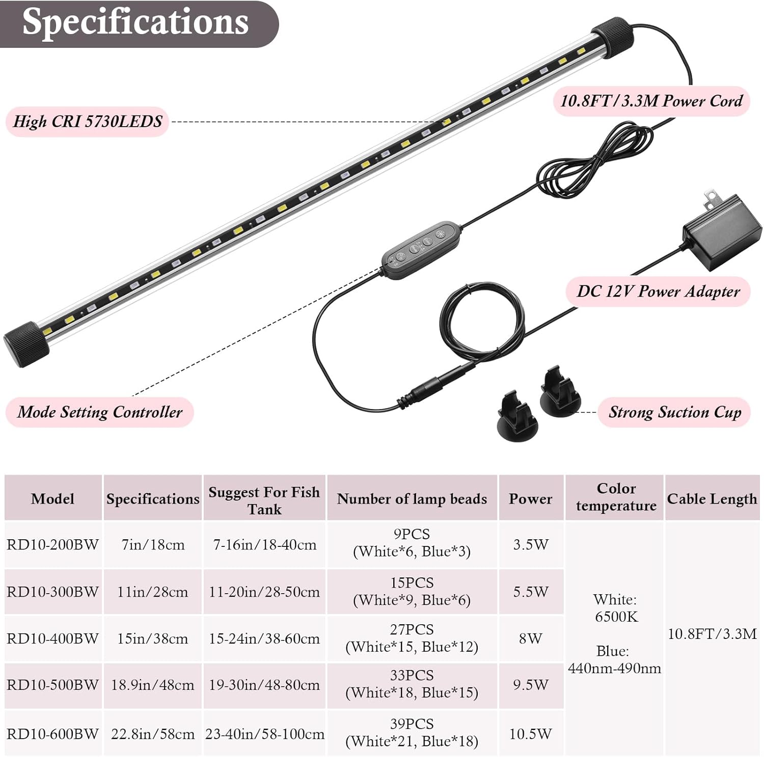 Dirvin 15inches 24/7 Mode Submersible Aquarium LED Light, 27 LED Beads 3 Colors Fish Tank Light with Timer Brightness Adjustable, Sunrise-Daylight-Moonlight Simulation for 15"-24" Fish Tank, 8W