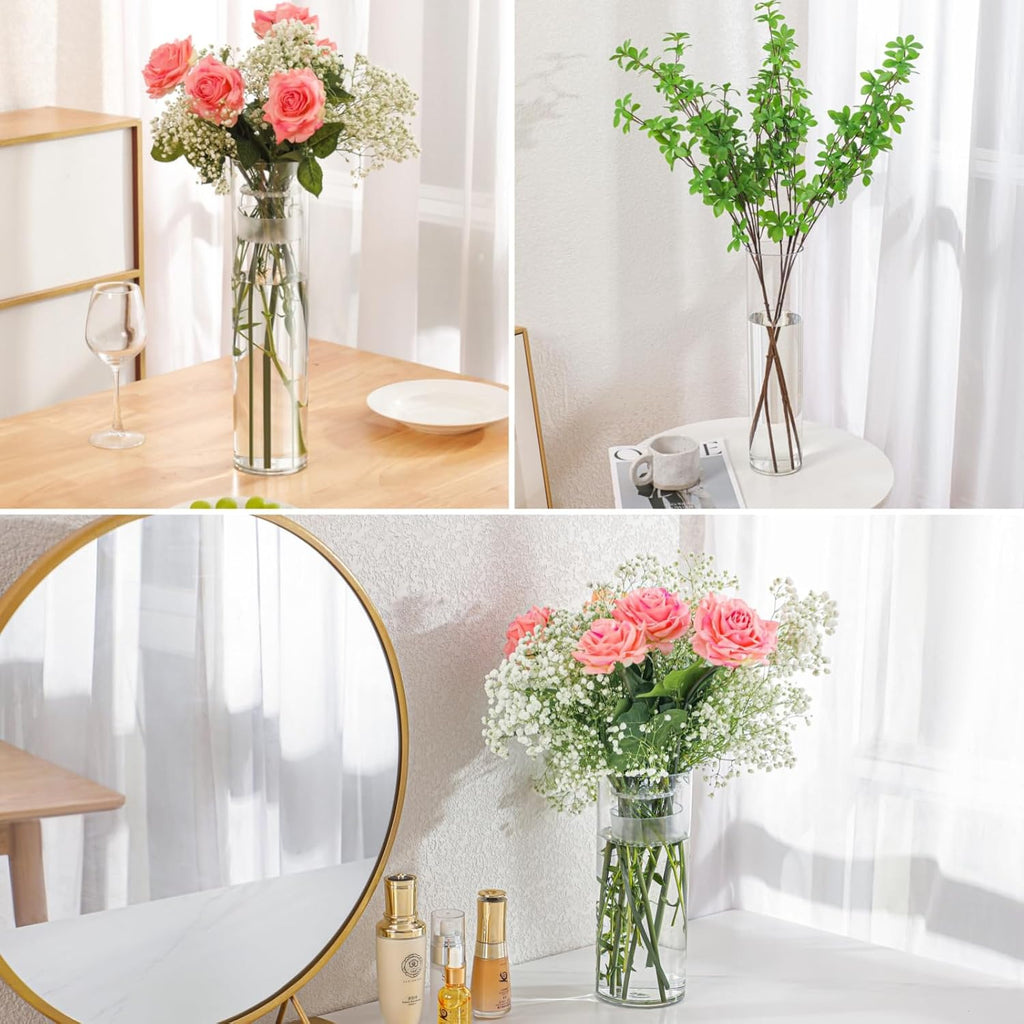 3 Large Acrylic Clear Cylinder Vase Set with 2 Spiral Ikebana Stem Holder Ring, Unbreakable Tall Plastic Hurricane Vases for Wedding Centerpieces Flower Bouquet Decor (3 Vases + 2 Holder)