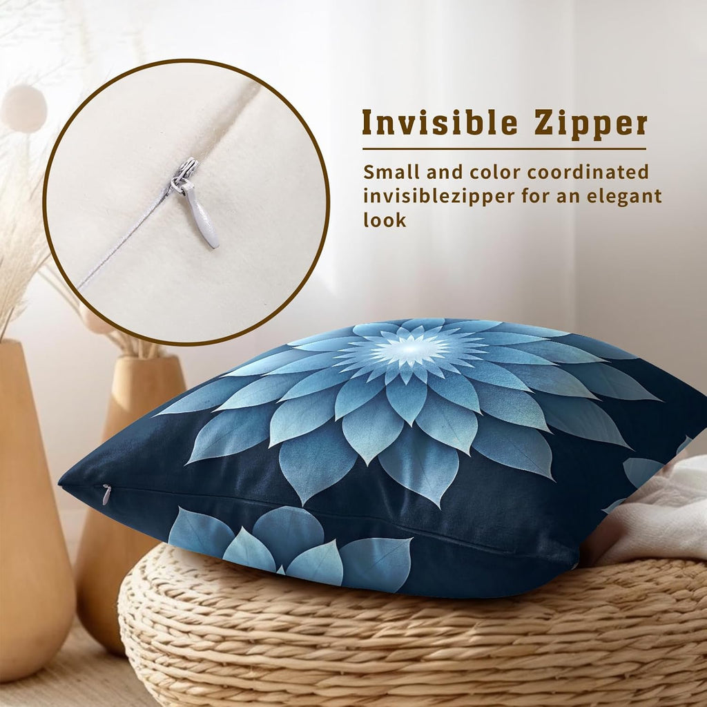 Soothing Blue Floral Mandala Throw Pillowcases Set of 2 All-Season Soft Pillow Covers with Hidden Zipper,Durable for Sofa Bed Car Decor & Gift 18x18Inch