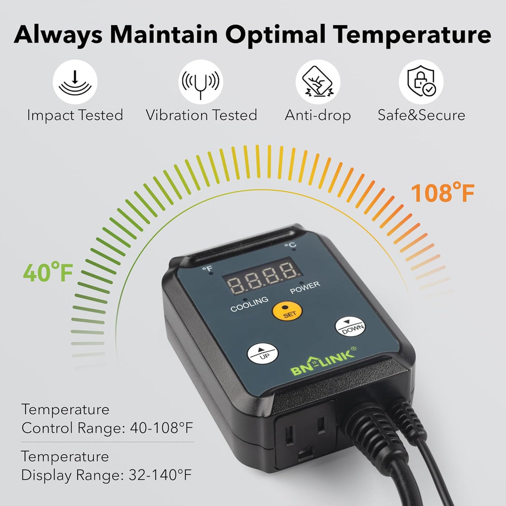BN-LINK Digital Cooling Thermostat Controller, Temperature Controlled Outlet for Attic Fan, Exhaust Fan, Cooling Devices 40-108°F, 8.3A 1000W