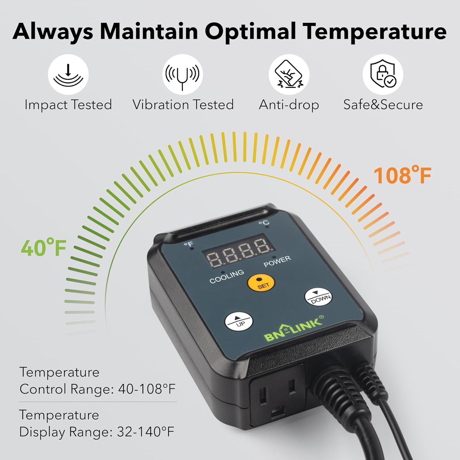 BN-LINK Digital Cooling Thermostat Controller, Temperature Controlled Outlet for Attic Fan, Exhaust Fan, Cooling Devices 40-108°F, 8.3A 1000W