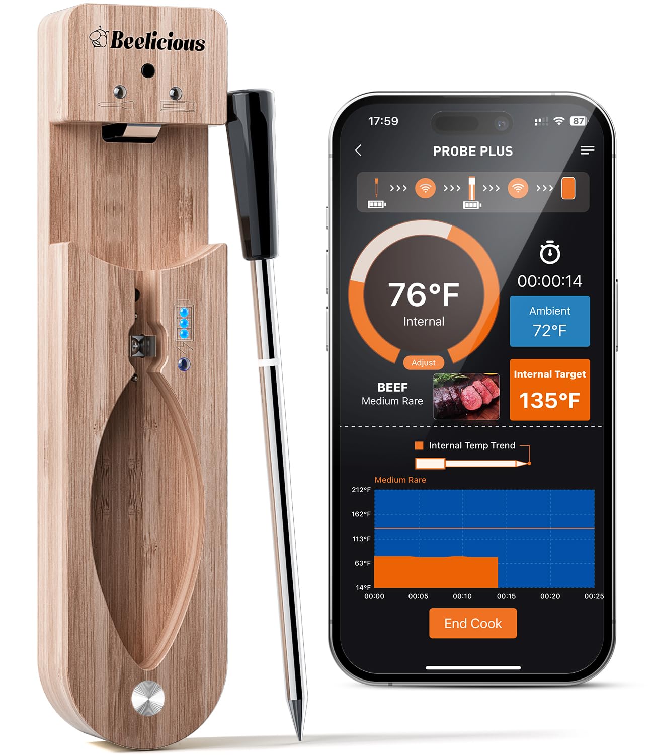 Beelicious Pro Wireless Meat Thermometer Bluetooth Meat Thermometer Digital IP67 Waterproof Smart Meat Probe with iOS & Android for Grill, BBQ, Oven, Smoker, Kitchen, Air Fryer, Rotisserie, Brown