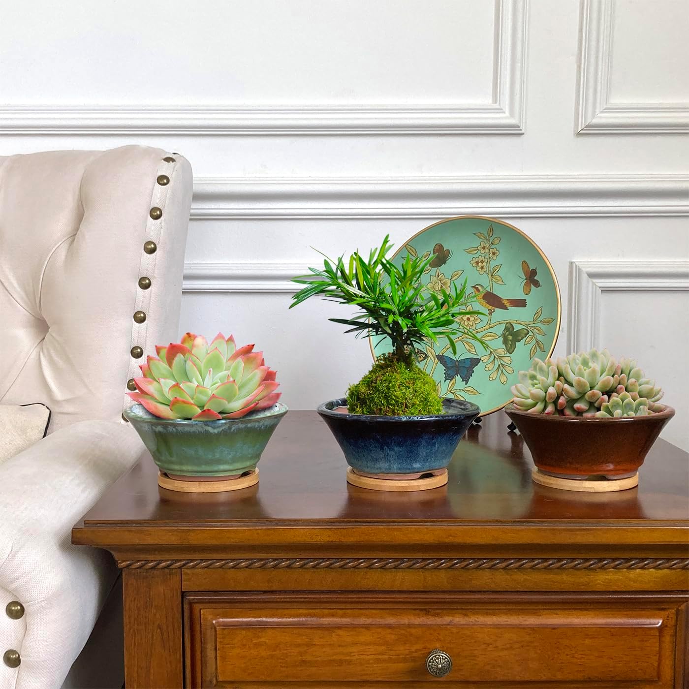 6 Inch Glazed Terracotta Succulent Pot Planter Small Plant Pot with Drainage Hole and Bamboo Saucer Cactus Ceramic Pot Set of 3 (Blue Green Orange)