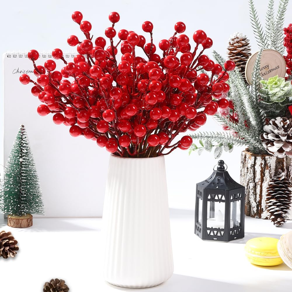 32 Pack Artificial Red Berry Stems, Christmas Red Berries Picks Holly Berry Branches for Christmas Tree Ornaments Xmas Wreath DIY Crafts Winter Holiday Home Decoration