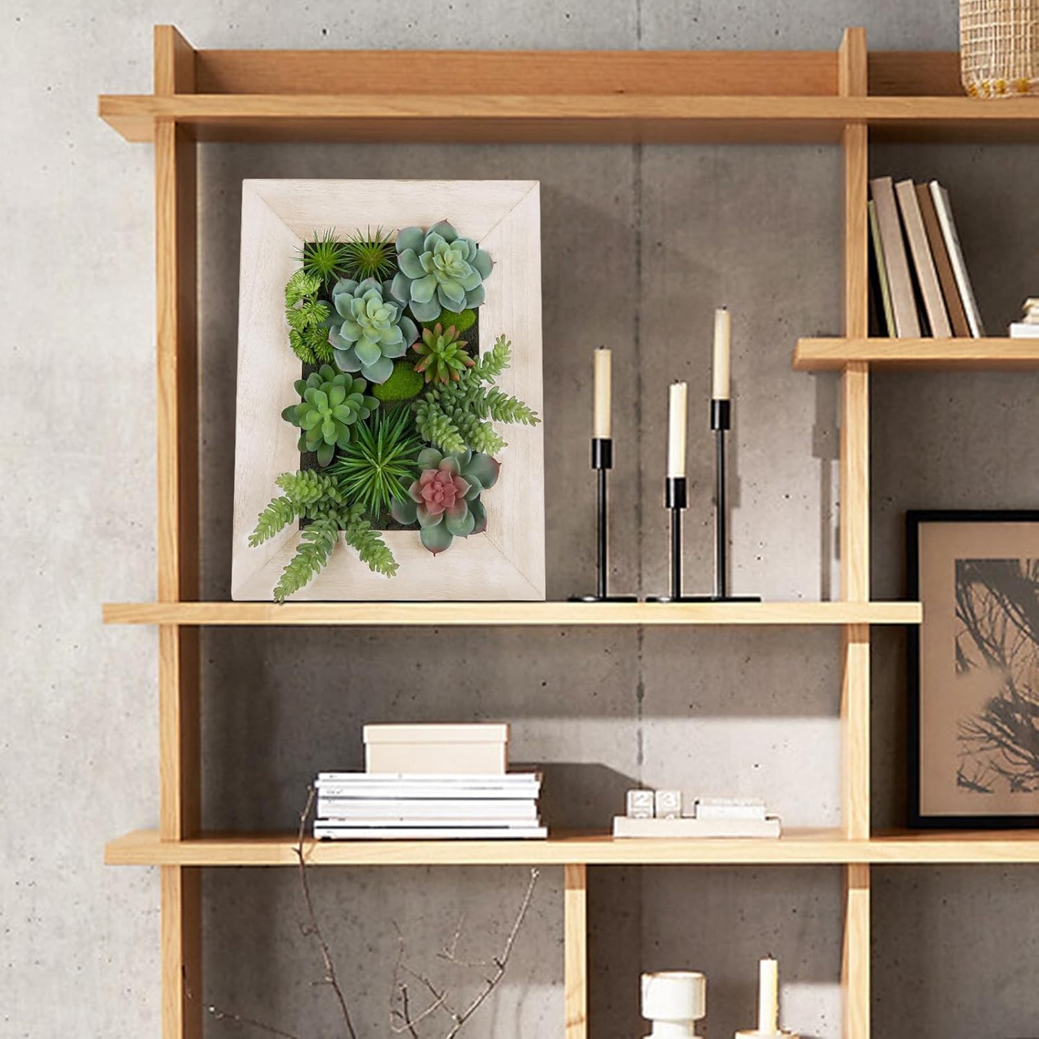 Hanging Wall Artificial Plants Decor Fake Succulent Arrangement with Moss and Rectangle Wooden White Frames Faux Plants Hanging Boho Decor for Farmhouse Living Room Bedroom Home Indoor