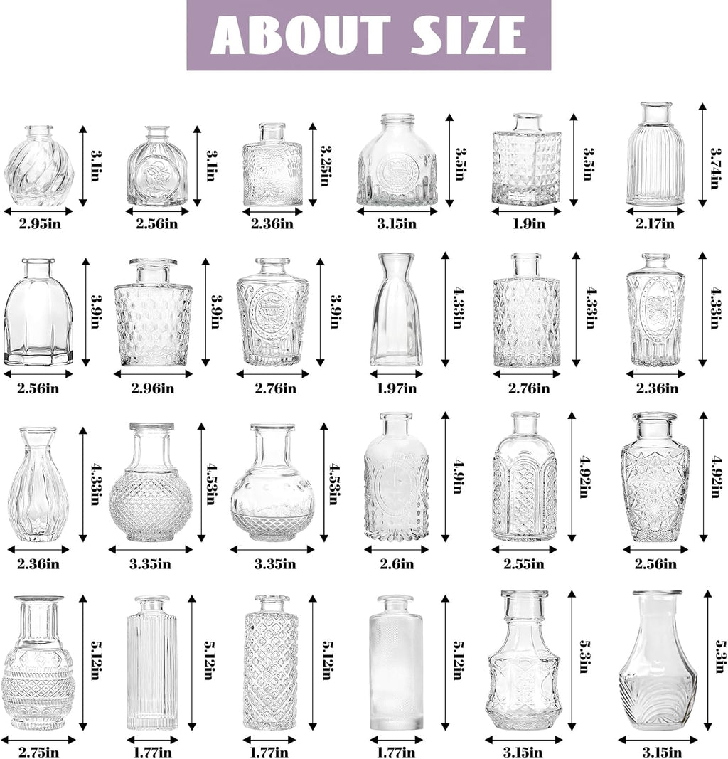 Bud Vases - in Bulk 24,Vintage Small Glass Bud Vases for Flowers, Clear Crystal Mini Glasses in Bulk, Small Flower Design for Centerpieces Wedding Decorations Home Flower Party Decor