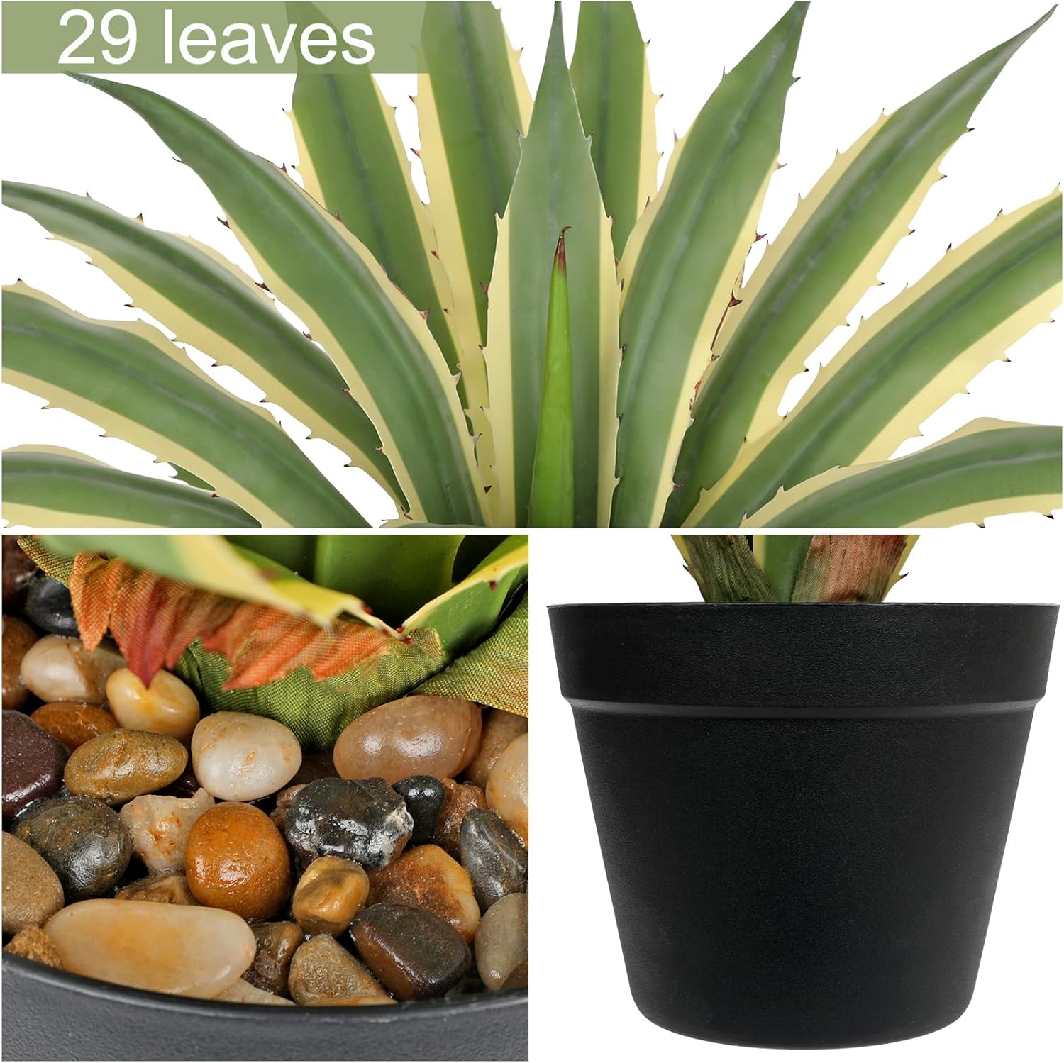 Hollyone Large Artificial Agave Plants 21.6" Tall Fake Agave Plant in Black Pot with Real Stone Pebbles Faux Succulent Aloe Tropical Plants Potted for Indoor Outdoor Home Patio Garden Decor