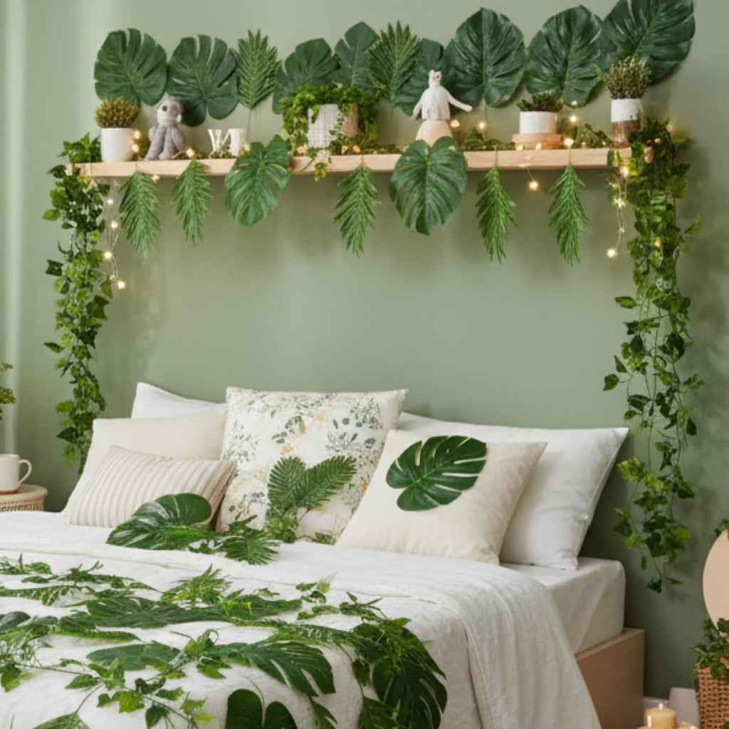 XunYee 110 Pcs Artificial Vines Greenery Garland and Monstera Palm Leaves Decoration Set, Fake Wicker Rattan Vines Tropical Faux Leaves Bulk for Jungle Safari Baby Shower Plant Party Decoration