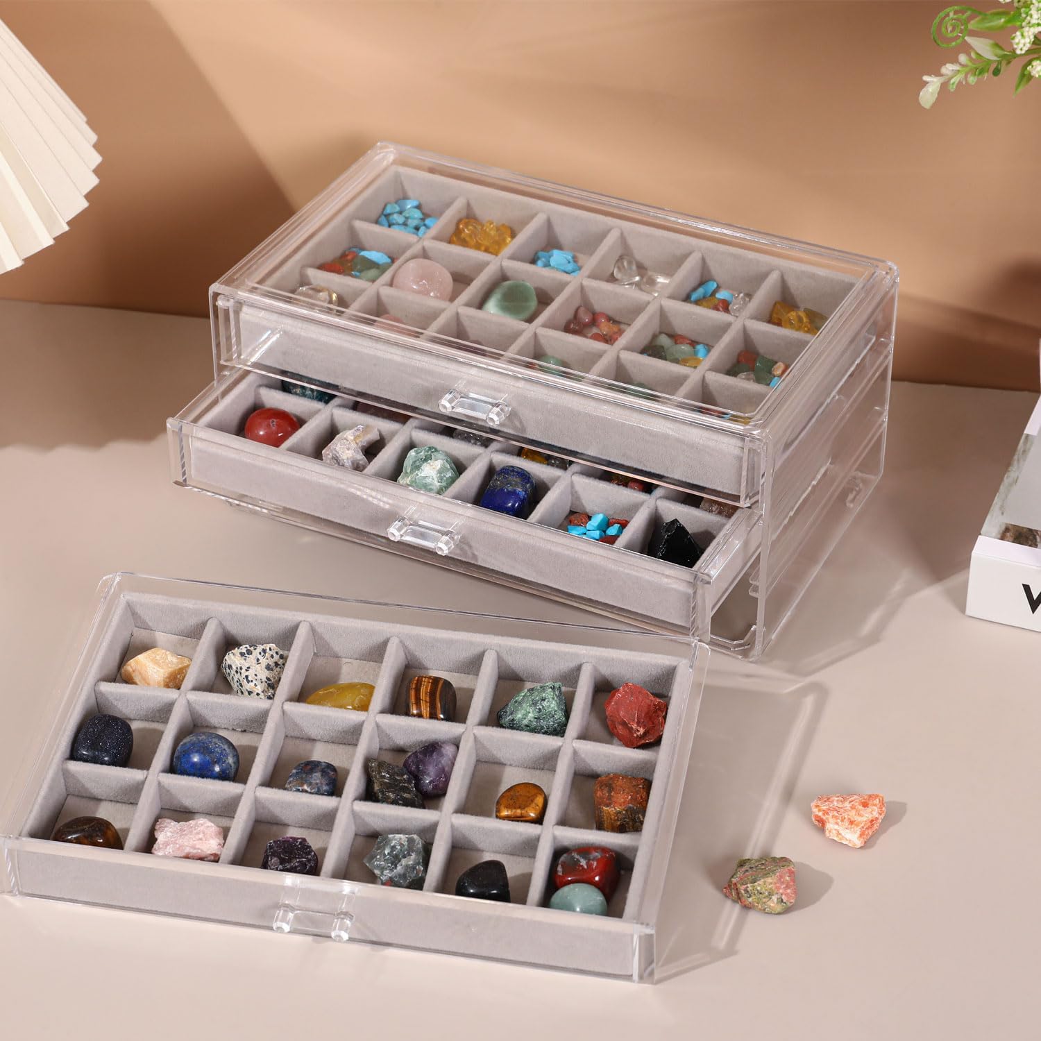 Acrylic Rock Collection Display Case with 54 Grids Storage Compartments Rock Collection Boxes Display Organizer Collection Storage Display Cases for Collectibles Crystal /Rock（Gery）