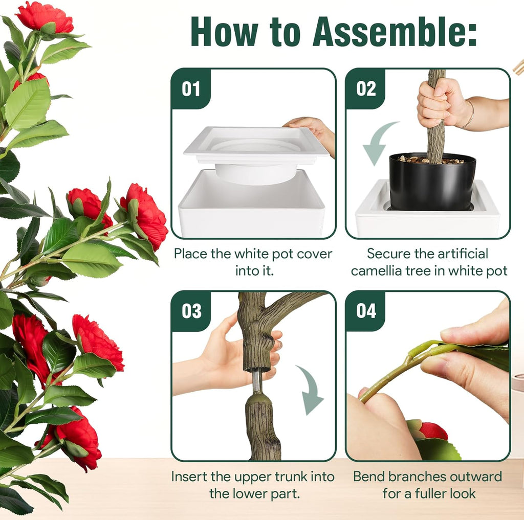 Artificial Camellia Tree 5FT, Red Flower Tree in White Pot, Faux Outdoor Indoor Plant, Potted Artificial Flower for Home Office Housewarming Porch Decor (61'' Height)