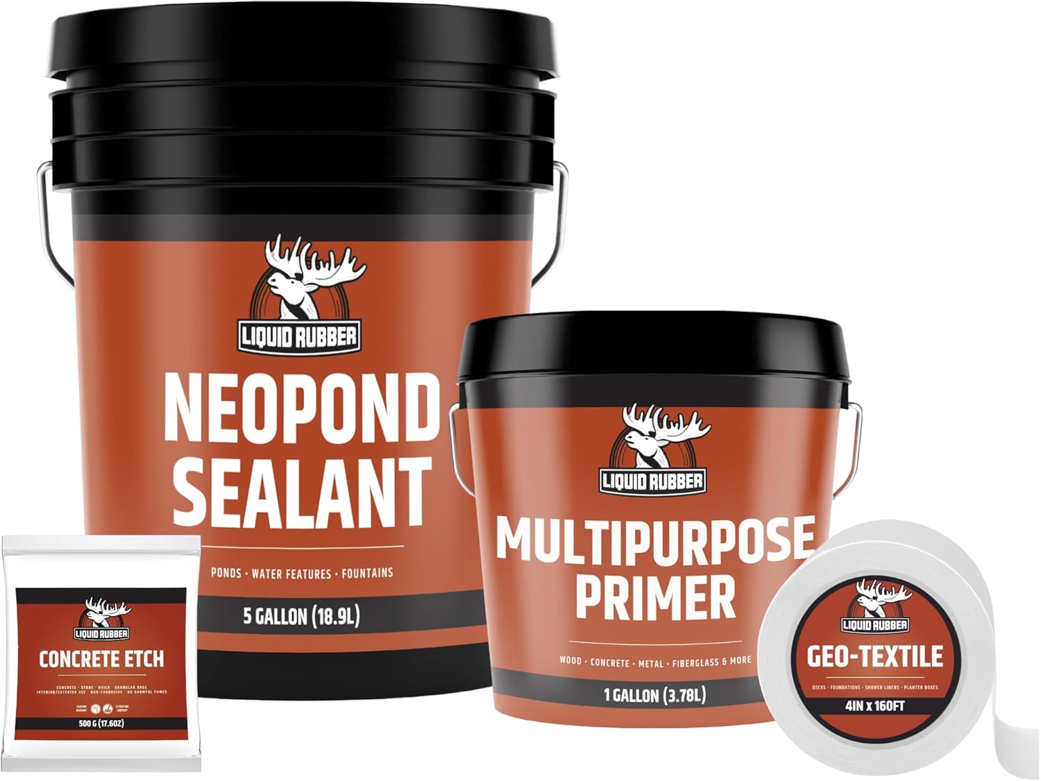 Liquid Rubber NeoPond Waterproof Pond Sealant - Fish and Plant Safe Membrane for Water Features Kit- Includes 5g Sealer, 1 Gallon Multi-Purpose Primer, Concrete Etch 17.6 Oz, Geo Textile 4" x160'