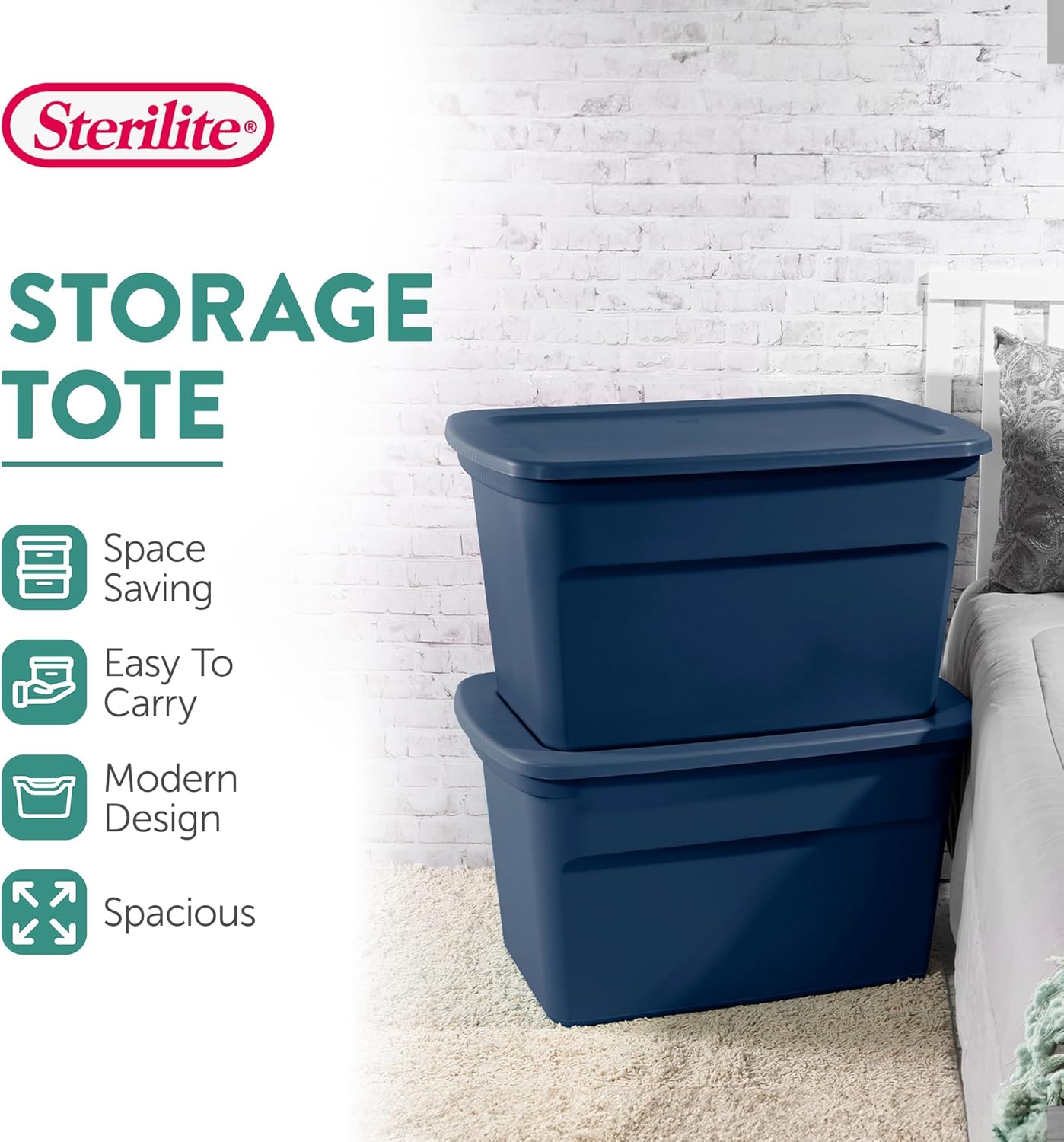Sterilite 12-Pack Tote, Plastic Storage Bins with Snap Lids, 30 Gallon, Marine Blue - Stackable Home Organizers with In-Molded Handles for Bedroom, Garage, Basement and Attic