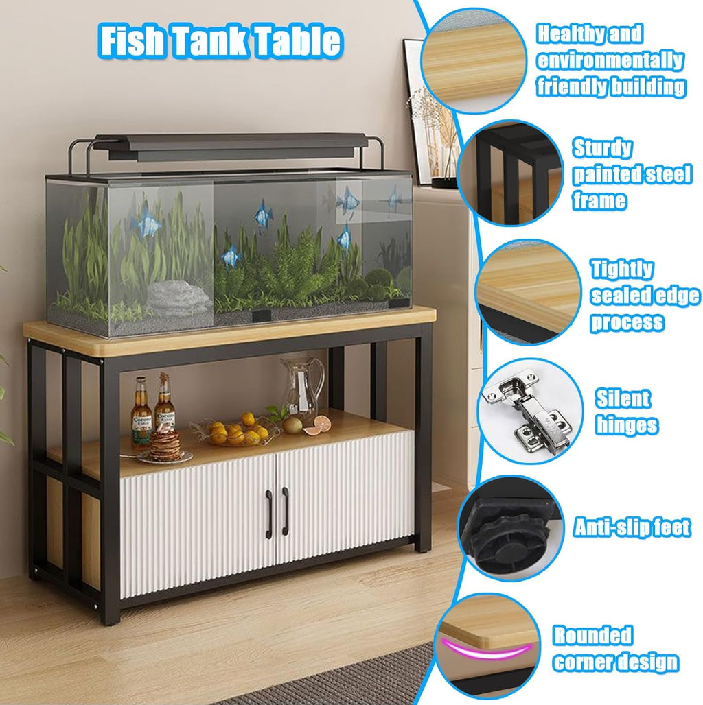 5-75Gallon Aquarium Stands,3 Tier Metal Frame Fish Tank Stand with Cabinet Storage,Reptile Tank Stand for Home Living Room Bedroom Office,2200LBS Capacity (Black+Light Mahogany, L27.6″*W17.7″*H23.6″)