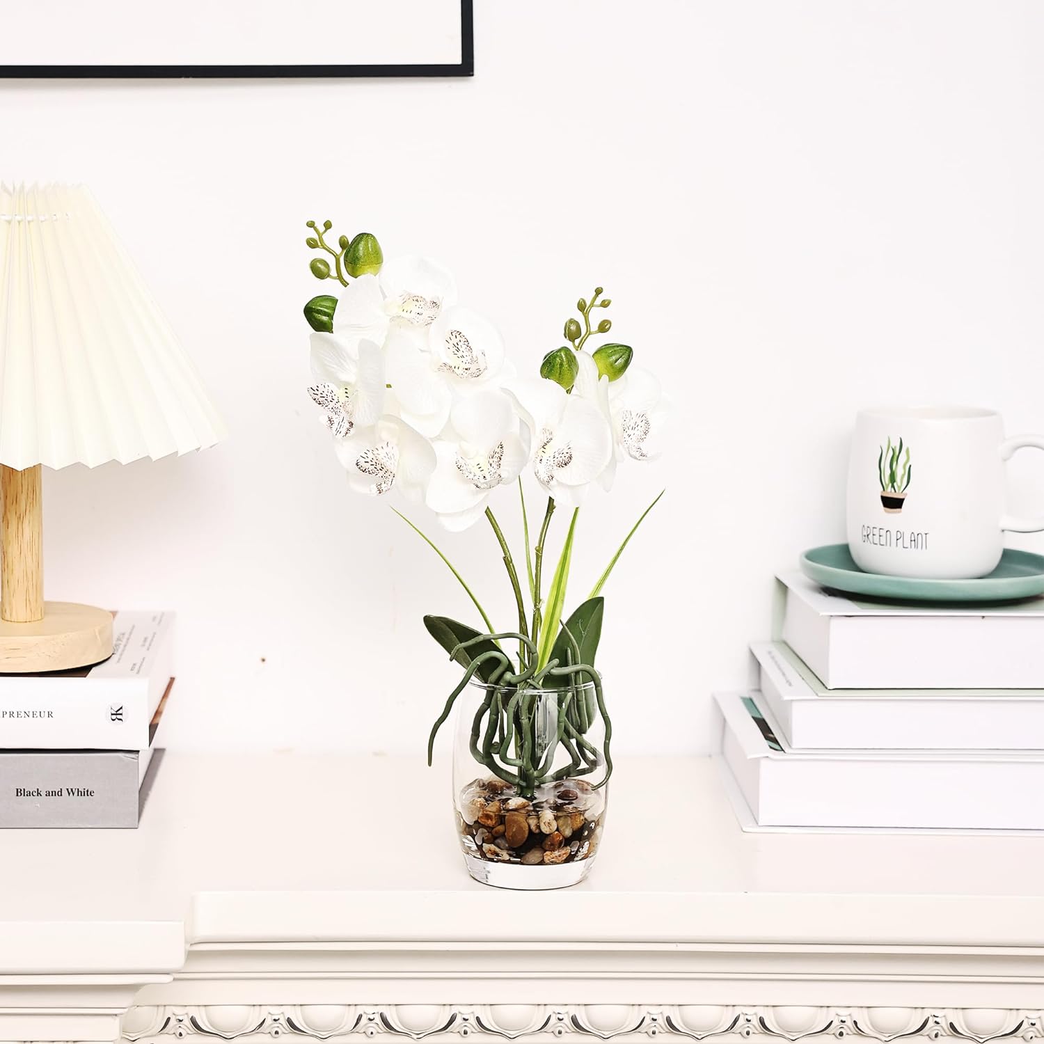 Jusdreen White Orchid Centerpiece in Glass Vase, 14.5 Inch Artificial Phalaenopsis with Potting for Home Office Decor, Table Centerpiece