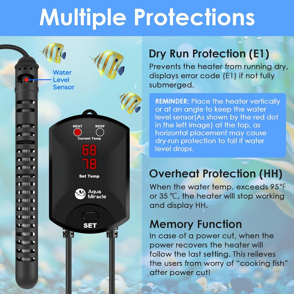 AquaMiracle Aquarium Heater Fish Tank Heater 800W with Dry-Run/Overheating Protection and Memory Function, External Thermostat with LED Digital Display, for Tanks 120-160 Gallons