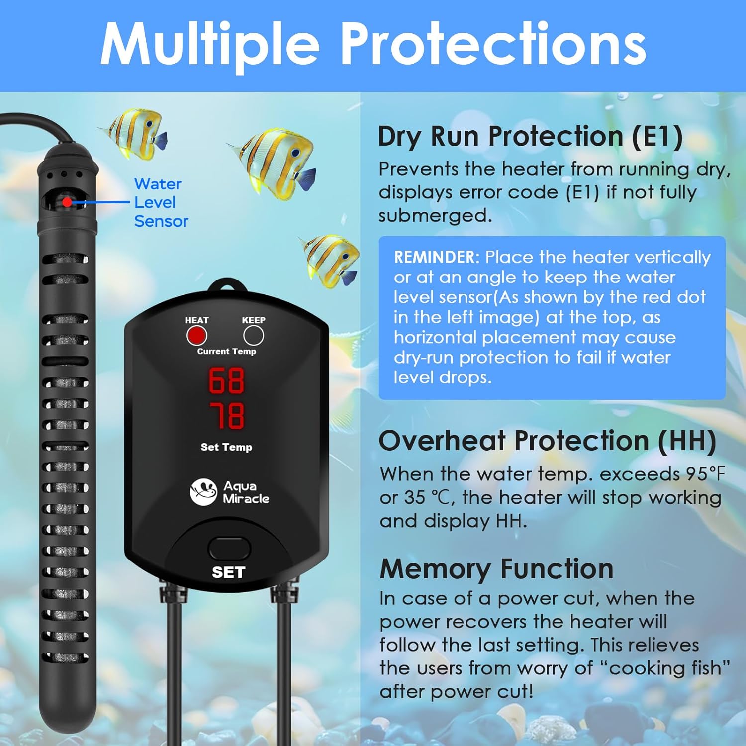 AquaMiracle Aquarium Heater Fish Tank Heater 500W with Dry-Run/Overheating Protection and Memory Function, External Thermostat with LED Digital Display, for Tanks 75-120 Gallons