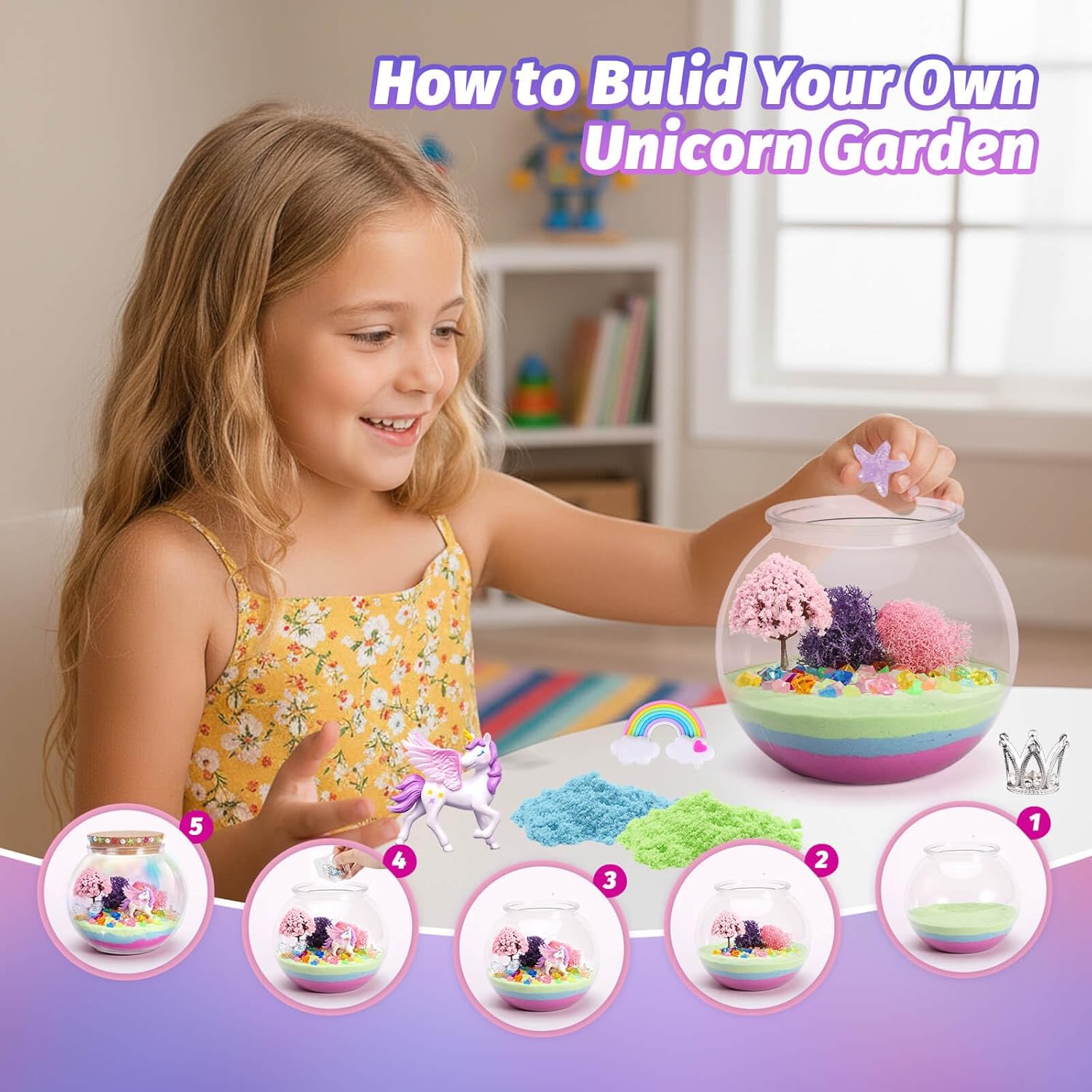 Unicorn Light-Up Terrarium Kit for Kids - Multicolor LED Night Light Birthday Gifts - Unicorn Toys for Girls Ages 4-6 7 8 9 10 Year Old - Kids Arts and Crafts Kit
